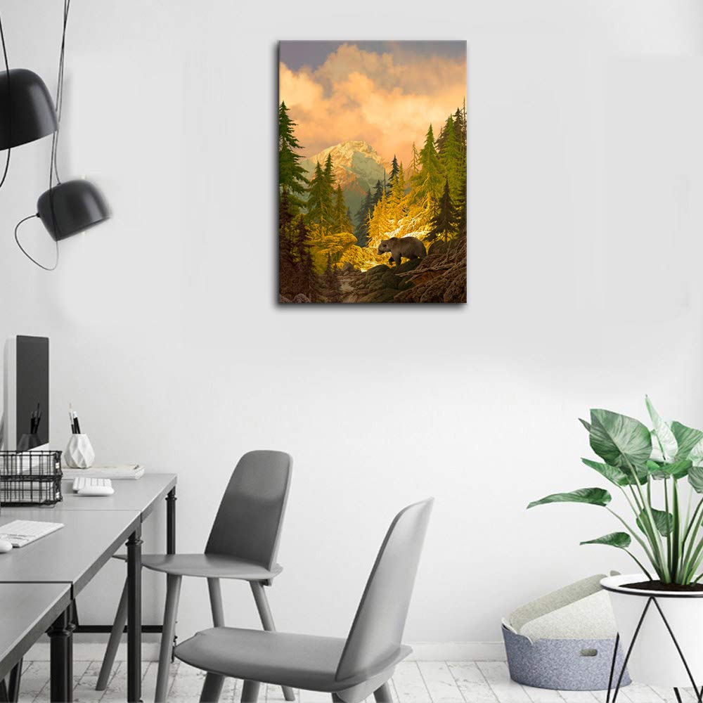 arteWOODS Autumn Forest Mountain Wall Art Bear Canvas Picutres for Bedroom Living Room Wall Decor Modern Landscape Canvas Artwork Contemporary Nature Picture Prints Framed Ready to Hang 20'' x 28''