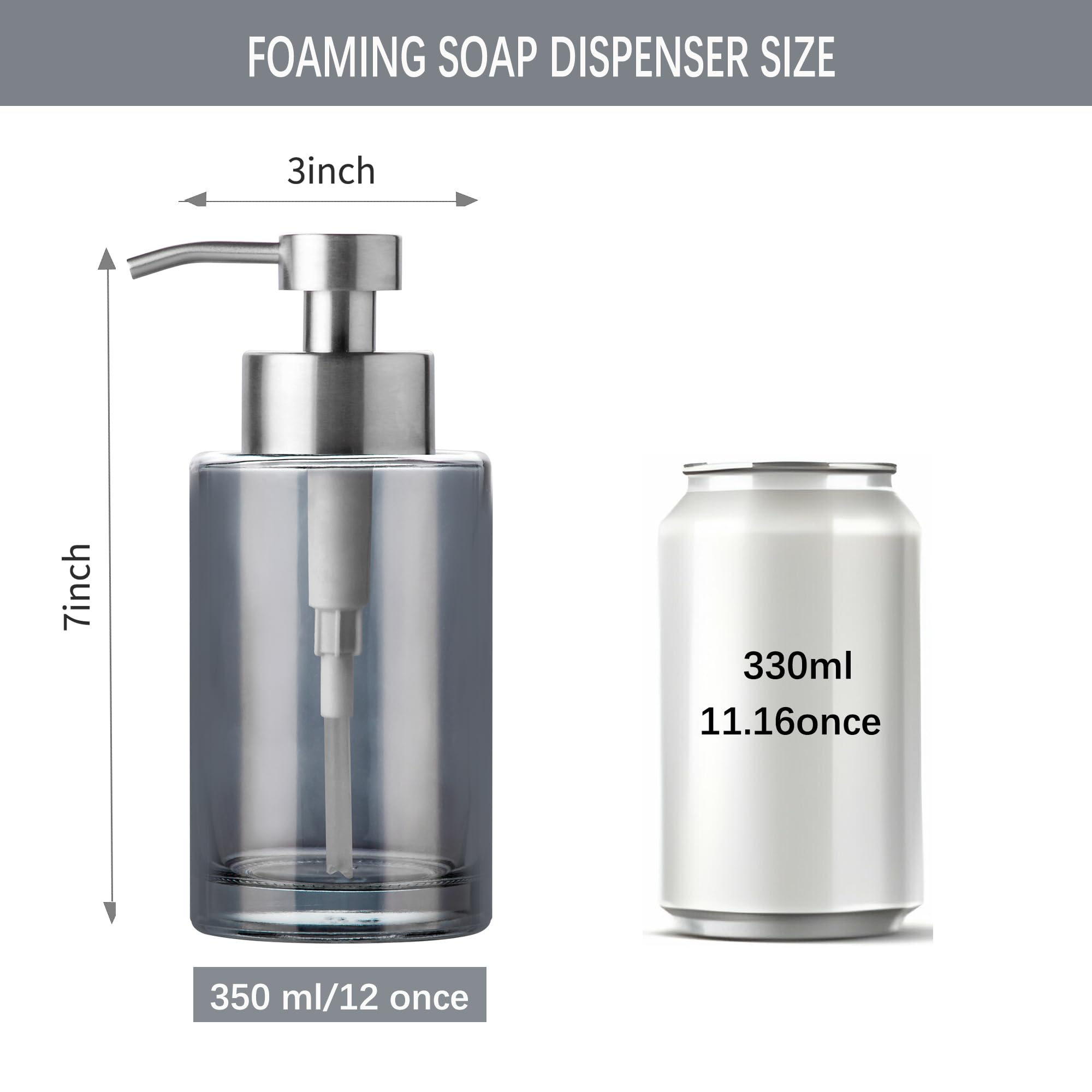 Enra Foaming Soap Dispenser,12Oz Thick Glass Bathroom Soap Dispenser With Stainless Steel Pump,Dish Soap Dispenser,Soap Dispense