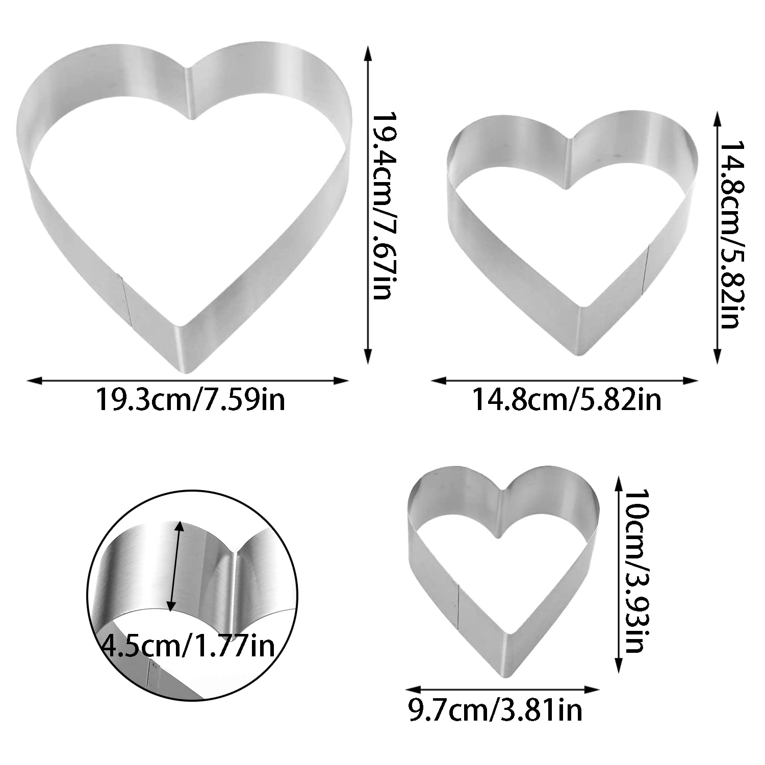 Qeeyon 3Pcs Heart Cookie Cutter Set, 4'' 6'' 8'' Stainless Steel Sandwiches Cutter Diy Heart Cake Cutter Cake Molds Ring Set Mou