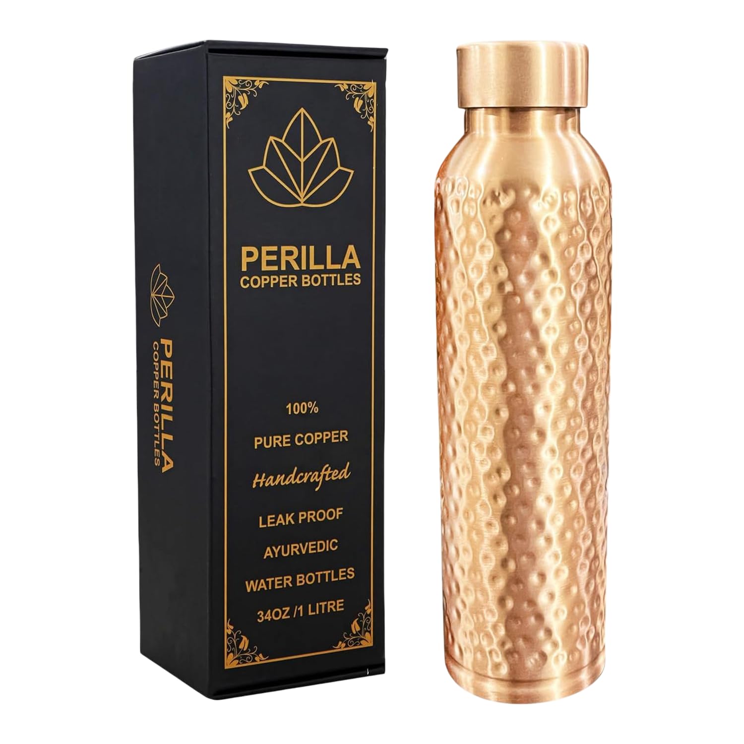 Perilla Home Copper Water Bottle - 34 Oz Leak Proof 100% Pure Ayurvedic Copper Vessel - Drink More Water And Enjoy The Health Be