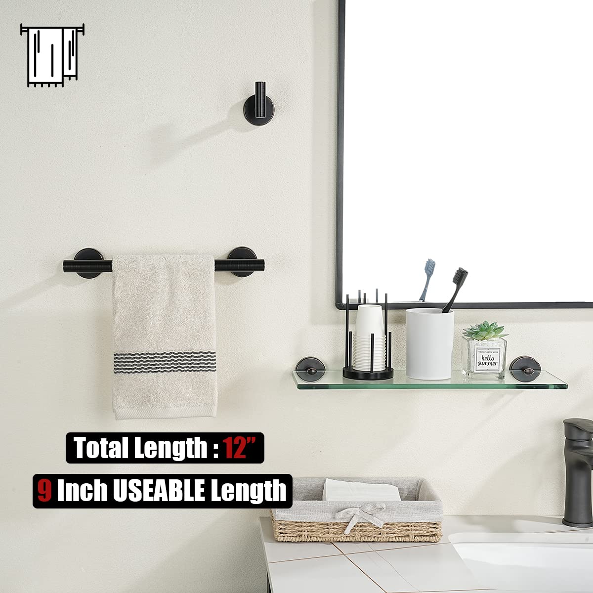 JQK Oil Rubbed Bronze Towel Bar  9 Inch 304 Stainless Steel Thicken 0.8mm Towel Rack Bathroom  Towel Holder Wall Mount  Total Length 12 Inch  TB110L9-ORB