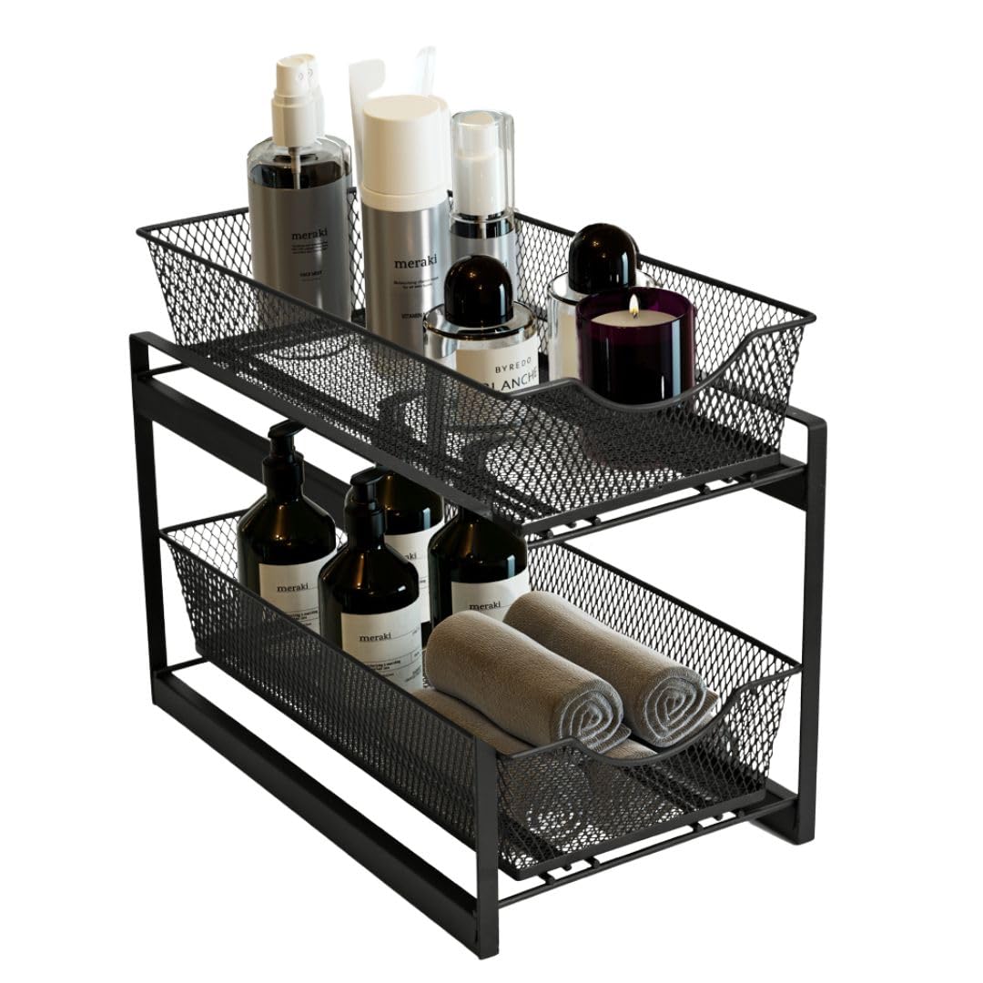 IBERG 2 Tier Bathroom Organizer Under Sink with Pull Out Drawer (Black)