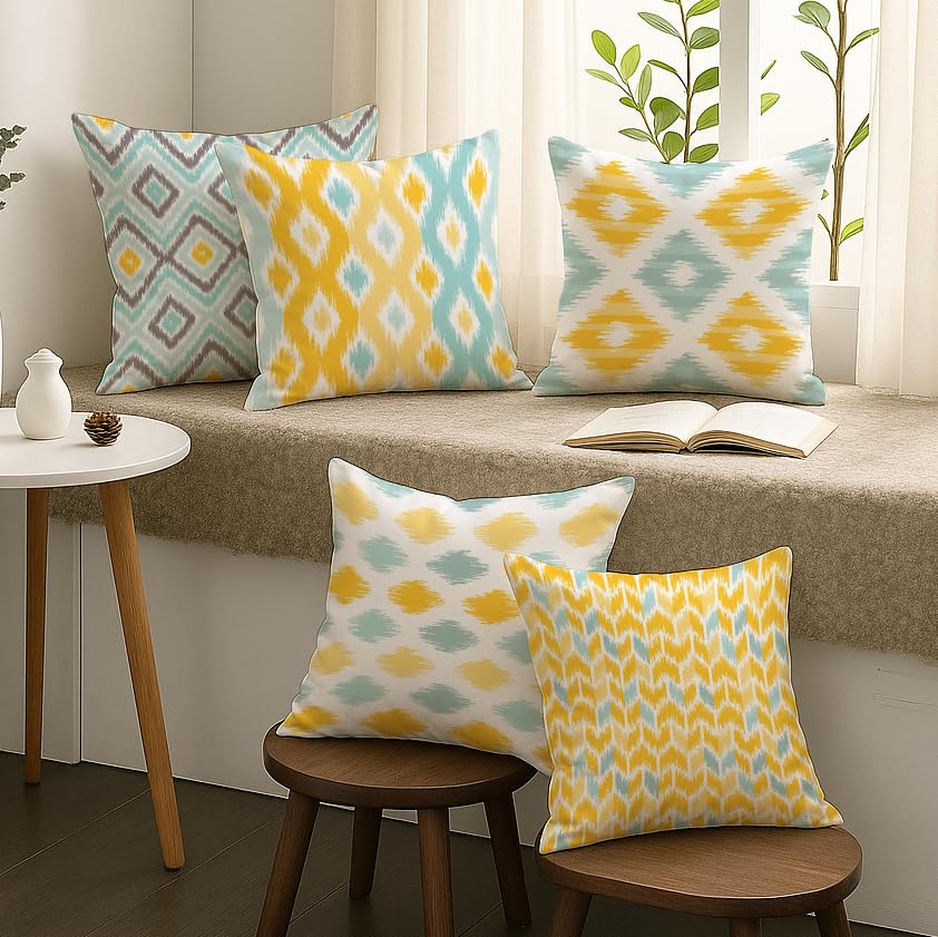 STITCHNEST Ikat Yellow Teal Printed Poly Cotton Cushion Covers, Yellow Teal Combo Set of 5 (18x18 Inches)