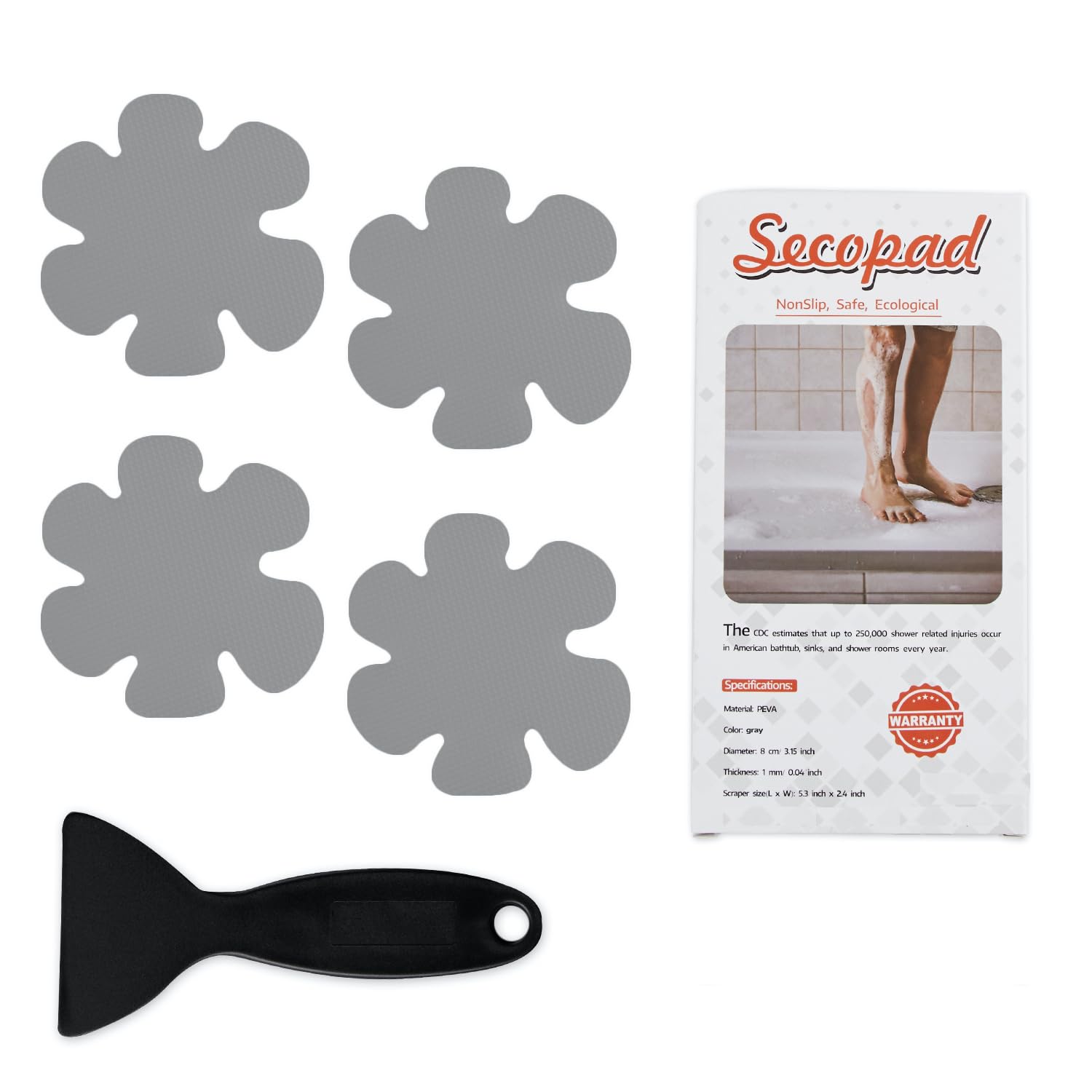 Secopad Bathtub Stickers Non-Slip, 24Pcs Safety Shower Treads Adhesive Appliques With Premium Scrape (Gray)
