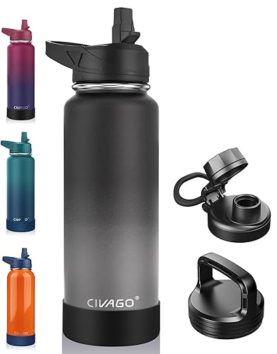 CIVAGO 40 oz Insulated Water Bottle With Straw  Stainless Steel Sports Water Flask Cup with 3 Lids (Straw  Portable Spout and Handle Lid)  Double Walled Travel Thermal Canteen Mug  Dreamy Black Gray