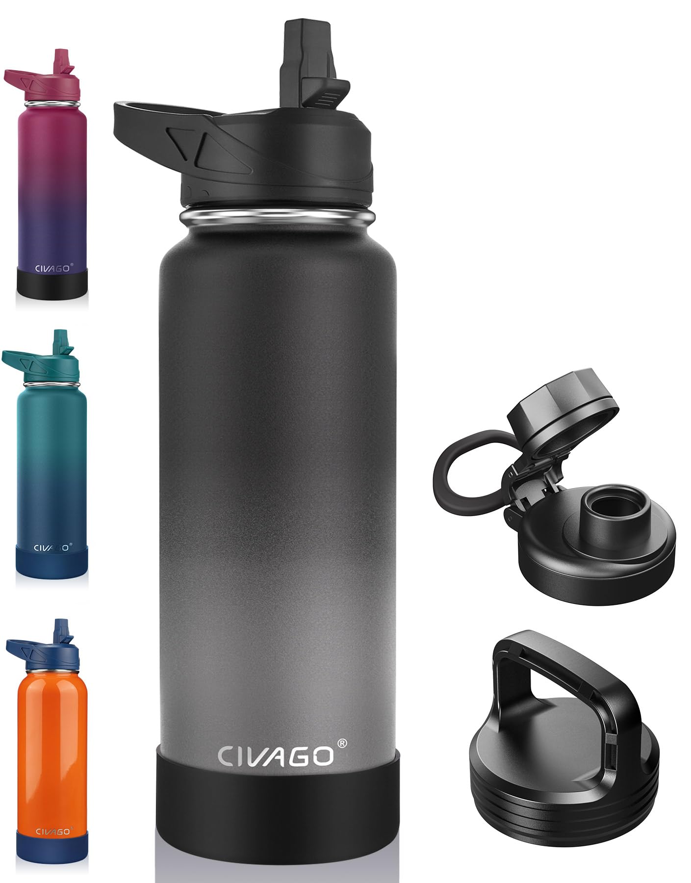 CIVAGO 40 oz Insulated Water Bottle With Straw  Stainless Steel Sports Water Flask Cup with 3 Lids (Straw  Portable Spout and Handle Lid)  Double Walled Travel Thermal Canteen Mug  Dreamy Black Gray