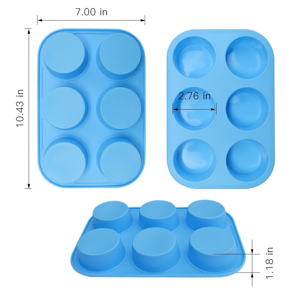 Homedge 6-Cup Silicone Muffin Pan, Pack Of 3 Non-Stick Muffin Cupcake Molds-Blue And Red