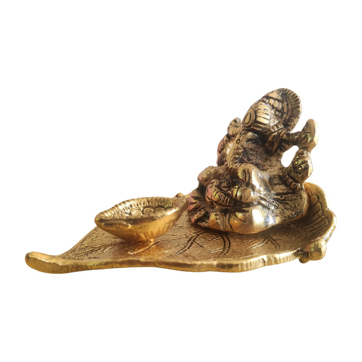 Saugat Traders Lord Ganesha On Leaf With Diya For Pooja | Brass Ganesh Statue For Home Temple | Religious Idols Return Gifts | G