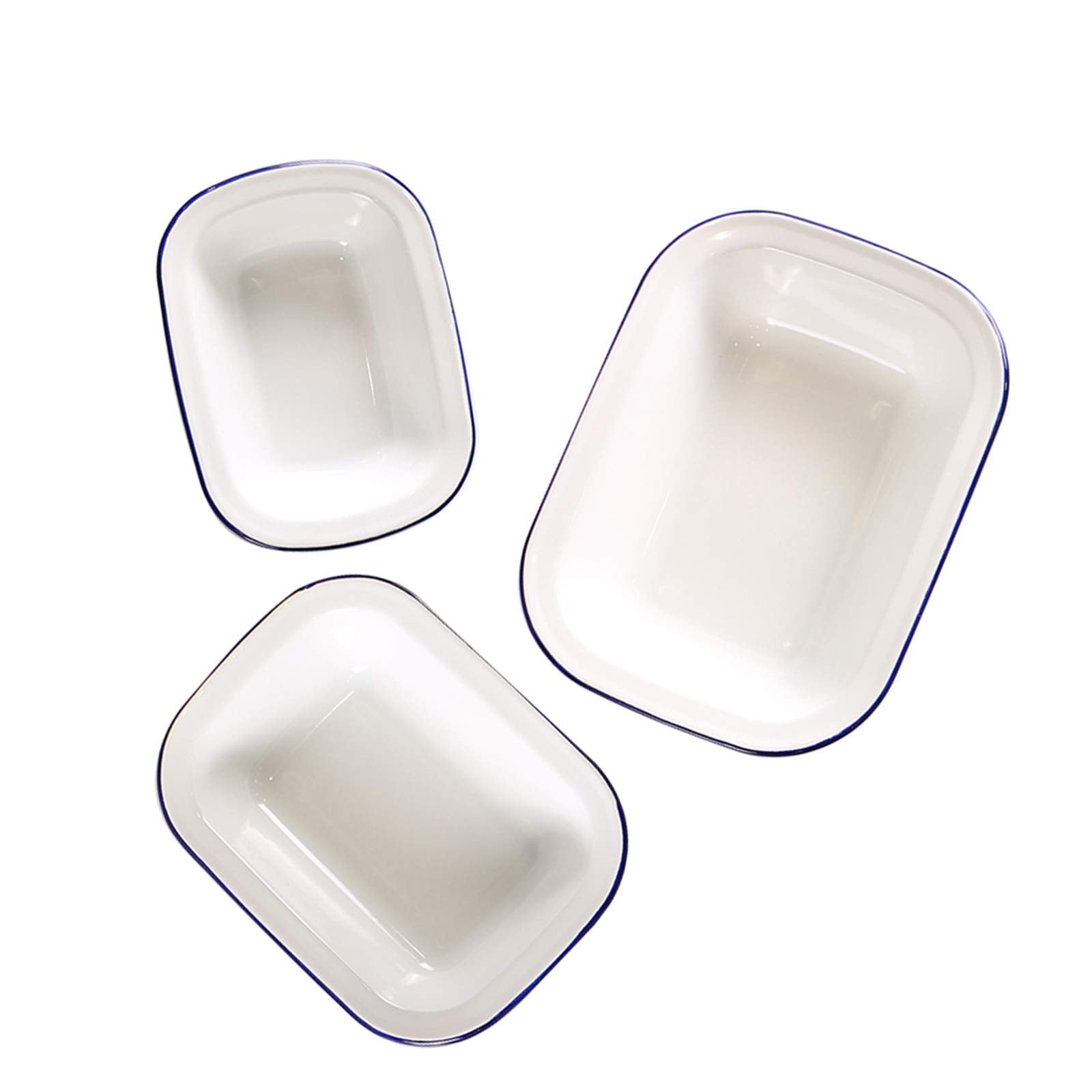 Webake Enamelware Roasting Pan 3 Pack Enameled Steel Oblong Pie Pan Pie Dish Roaster Pan Food Containers, Solid White with Blue 