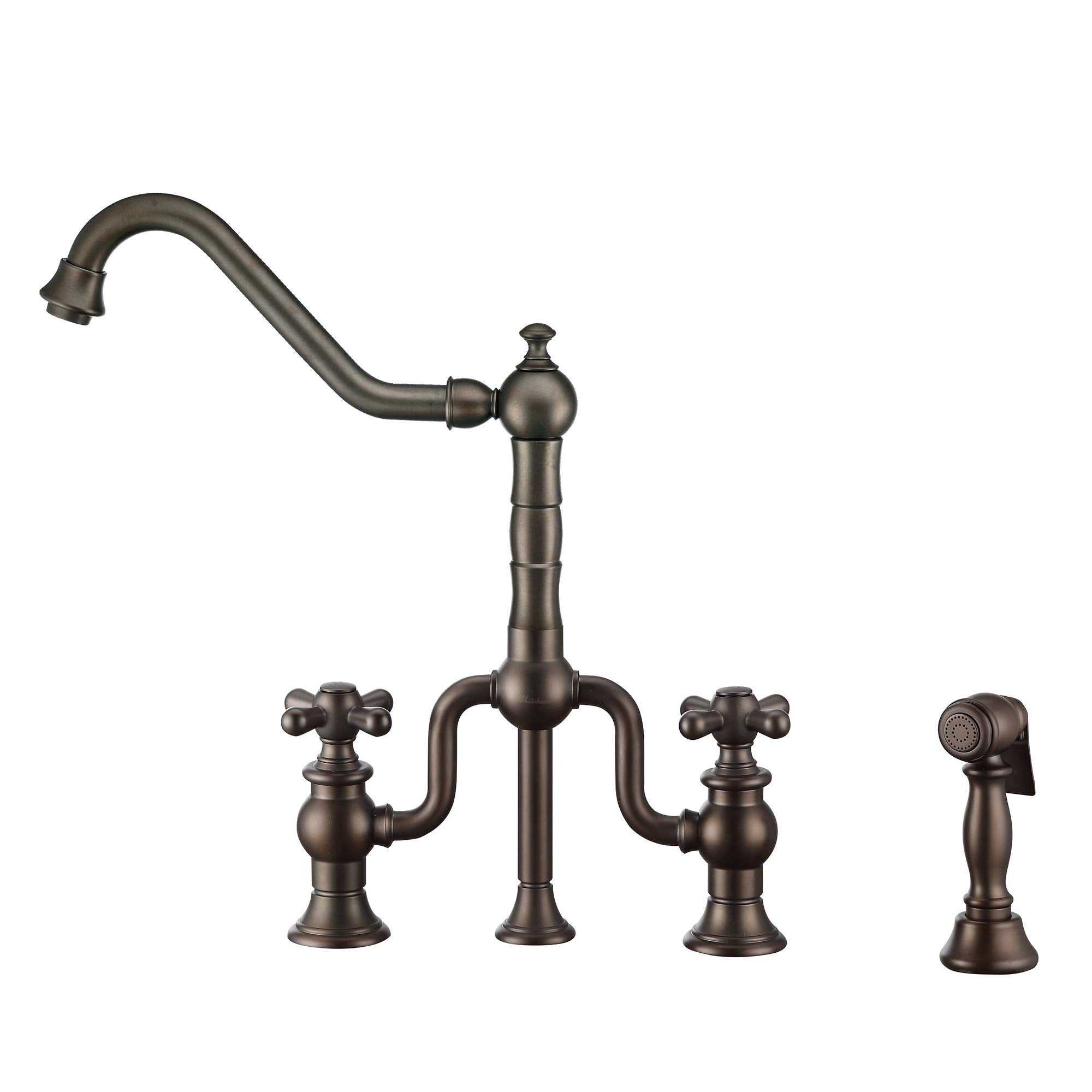 Whitehaus Kitchen Faucet; Traditional Swivel Spout, Cross Handles, Brass Side Spray; Rubbed Bronze
