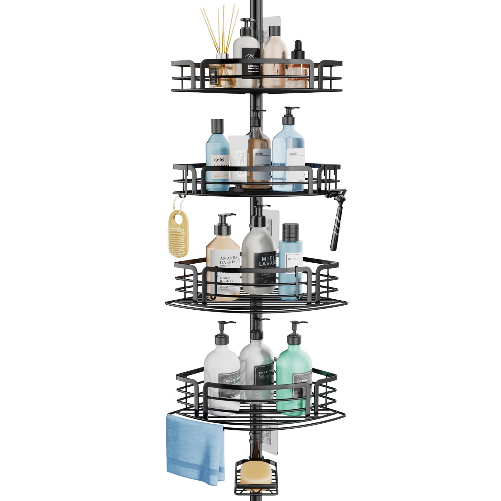 Consumest Corner Shower Caddy Organizer - Rustproof Shower Organizer Corner Tension Pole With Towel Bar & Soap Holder, Adjustabl