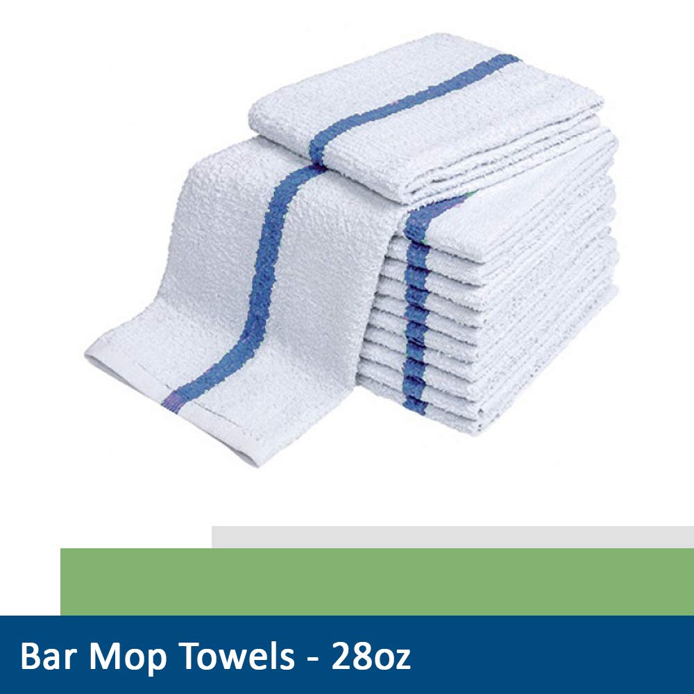 28Oz Bar Mop Towels 16X19, 100% Cotton, Commercial Grade Professional Kitchen/Restaurant Barmop Towels (Blue Stripe-120 Pack)