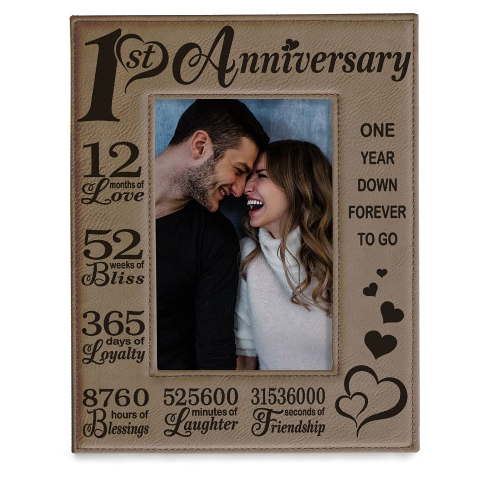 KATE POSH Our First (1st) Anniversary Engraved Leather Picture Frame - Gifts for Couple, Gifts for Him, Gift for Her, Paper Anni