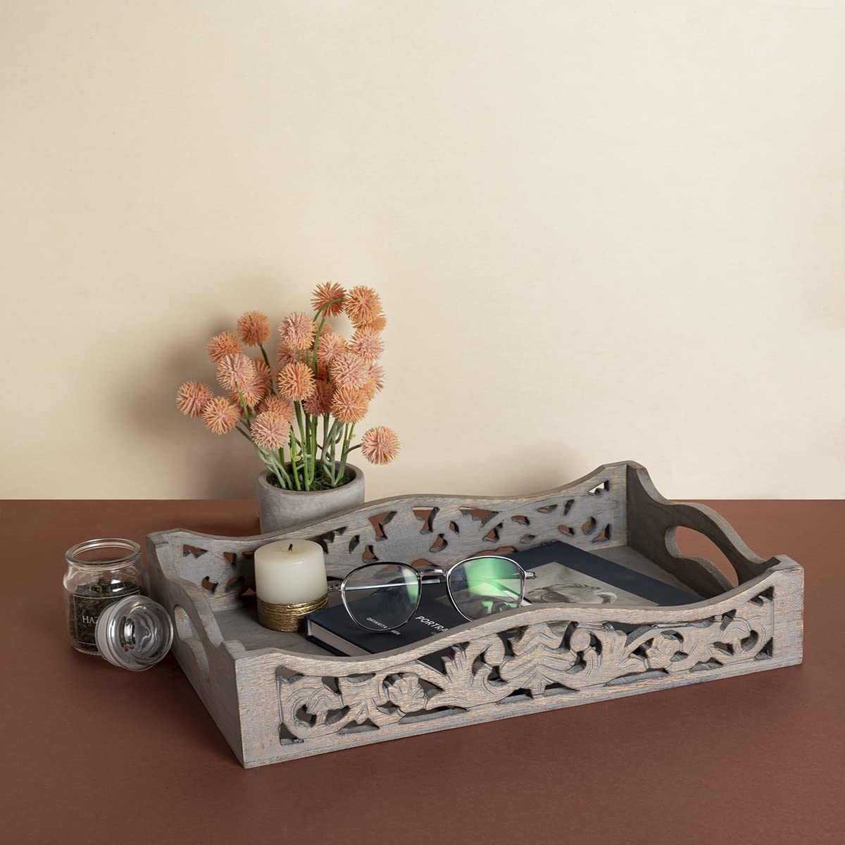 Gocraft Handmade Wooden Tray With Handles | Wood Ottoman Tray, Serving Tray For Breakfast In Bed, Tea, Coffee With Cutout Handle