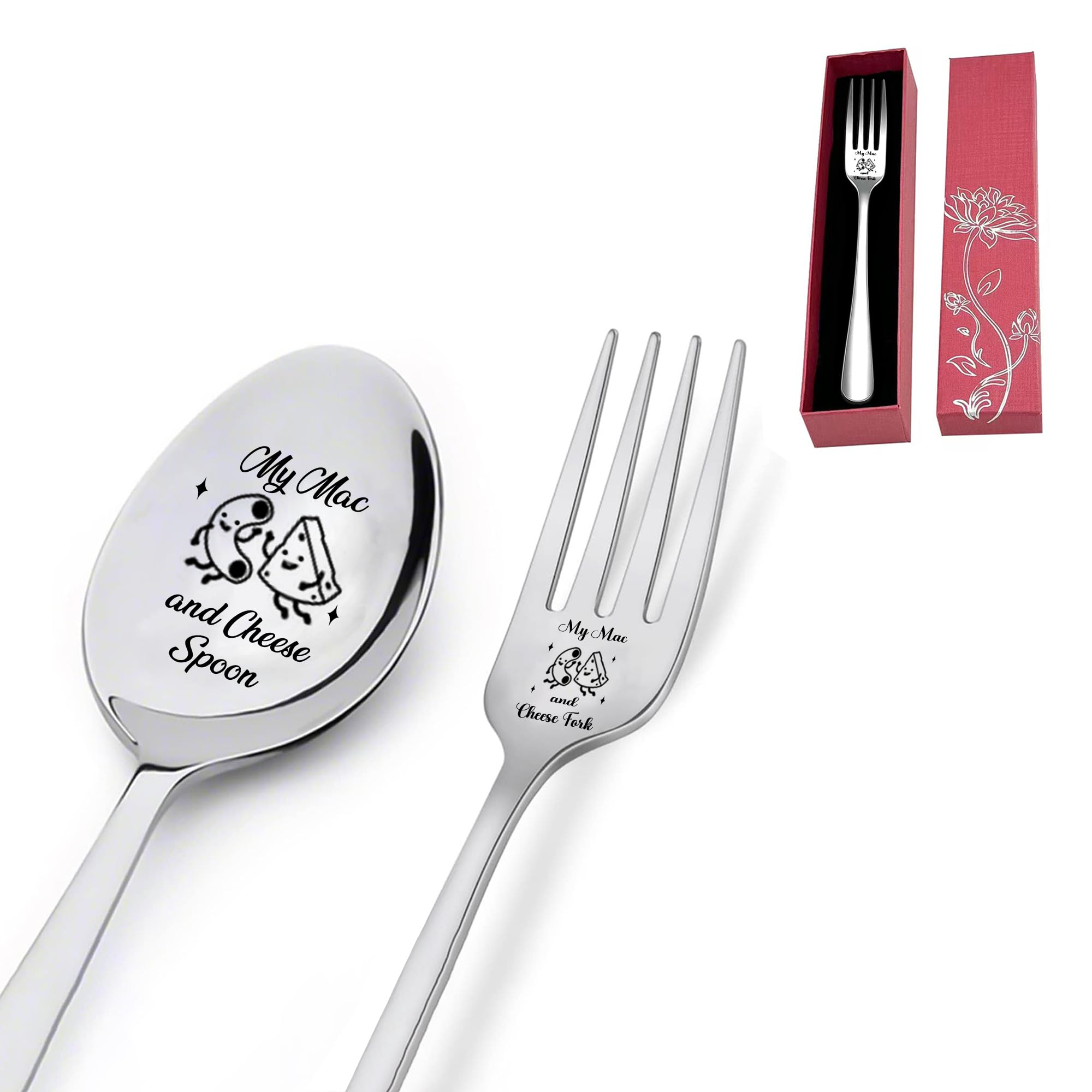 QIUHGZJX 2 Pieces My Mac and Cheese Engraved Stainless Steel Spoon Fork Set, Funny Kitchen Restaurant Dinner Spoon Forks for Fri