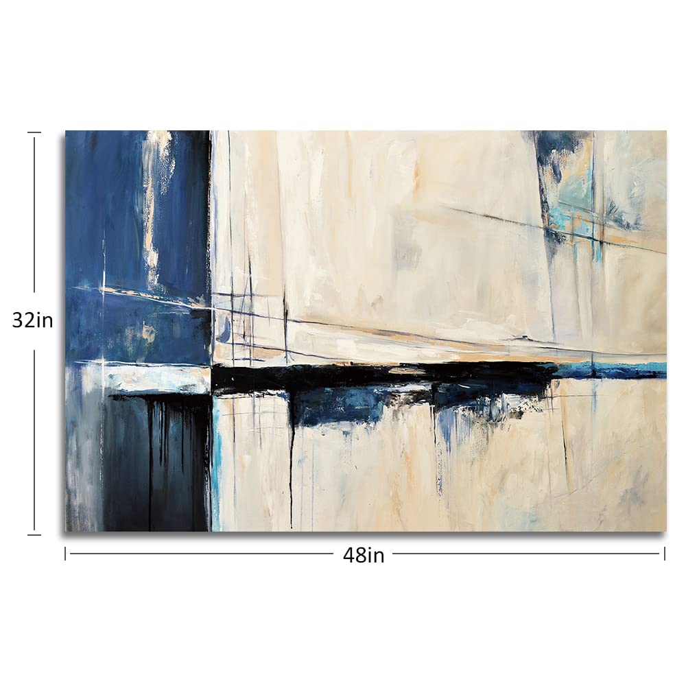Large Abstract Canvas Wall Art Modern Geometric Art Paintings Blue Blocks and Lines Painted on Cream Background Elegantly Framed Artwork Pictures for Living Room Bedroom Wall Decor 48x32in