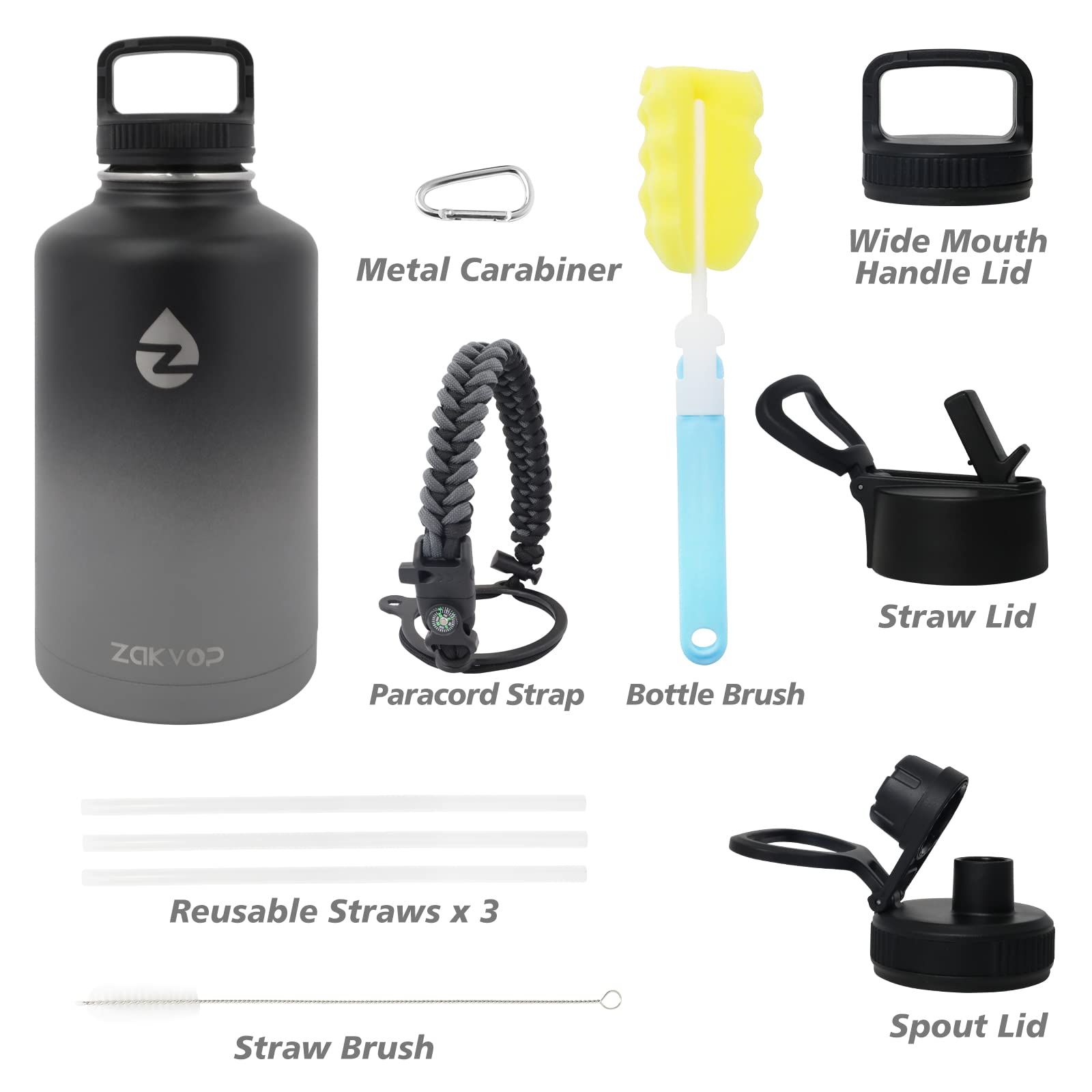 Zakvop 64 Oz Insulated Water Bottle With Straws&3 Lids, Zakvop Half Gallon Water Bottle Stainless Steel Double Walled, Big Water