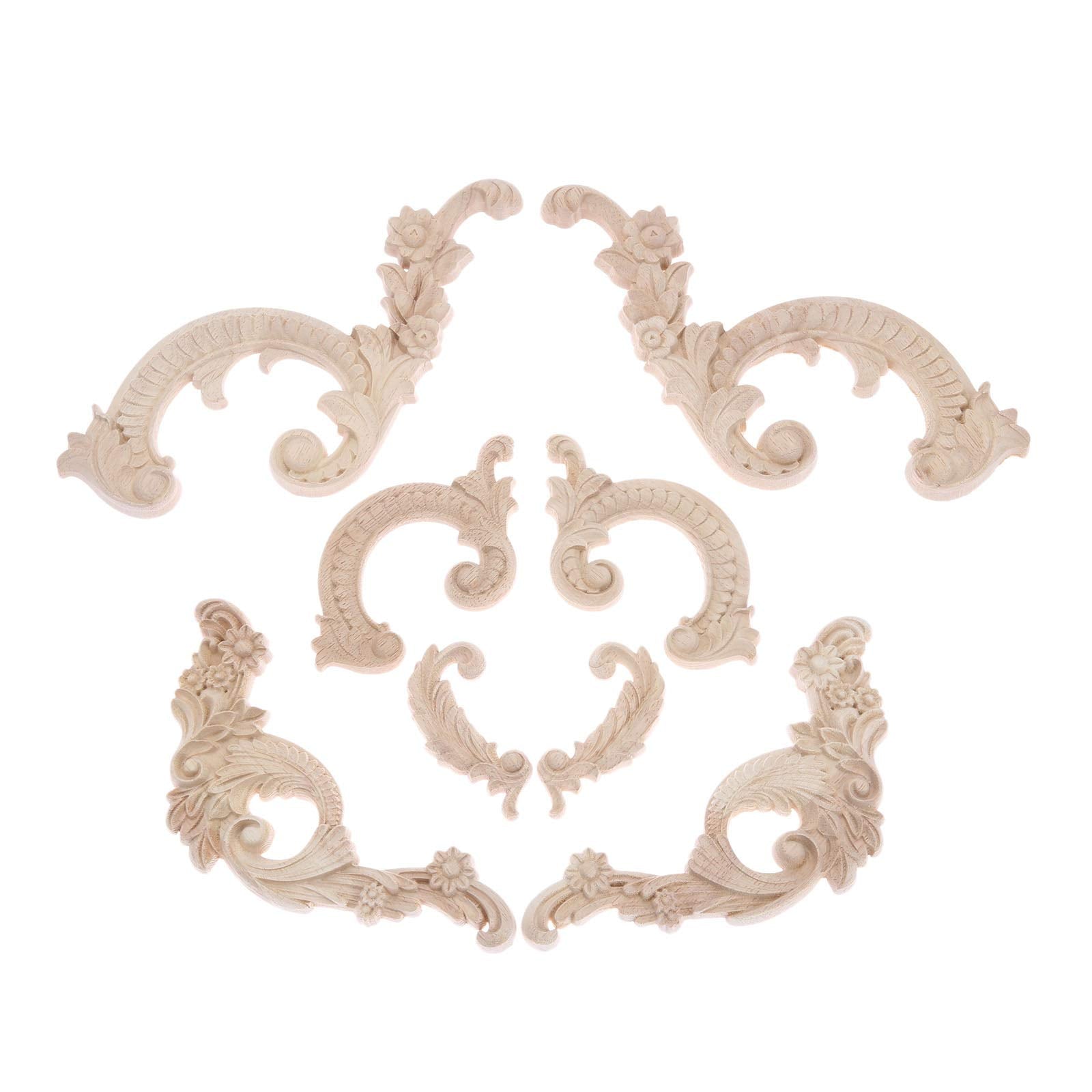Wood Carved Appliques Wooden Onlays  2 Pairs Unpainted Decorative Carving Furniture Decals Frame Decor for Door Wall Cabinet Dresser Fireplace Ceiling Bed Home DIY Project  14x8cm/5.51''x3.15''