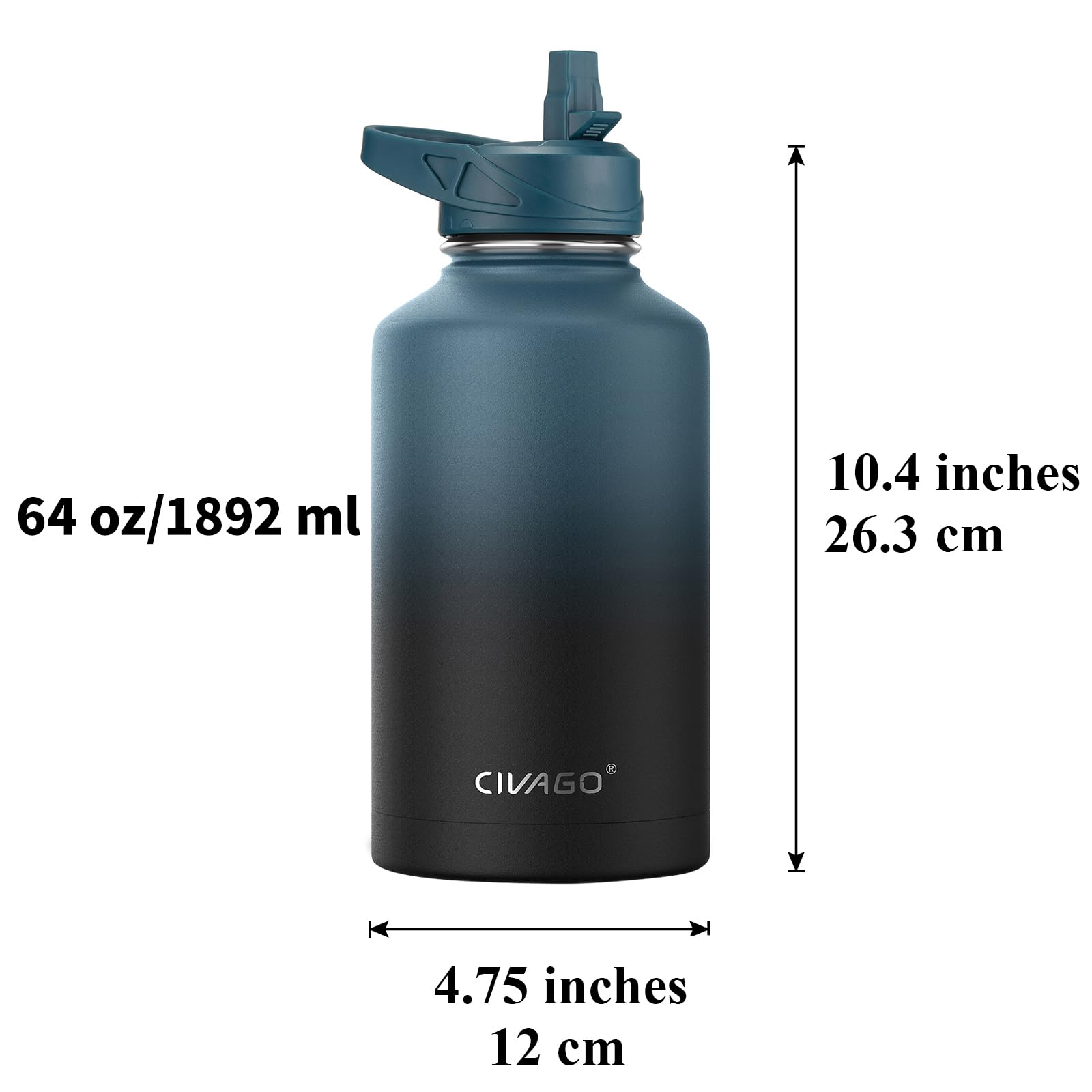 CIVAGO 64 oz Insulated Water Bottle With Straw  Half Gallon Stainless Steel Sports Water Flask Jug with 3 Lids (Straw  Spout and Handle Lid)  Large Metal Thermo Cup Mug  Midnight Black