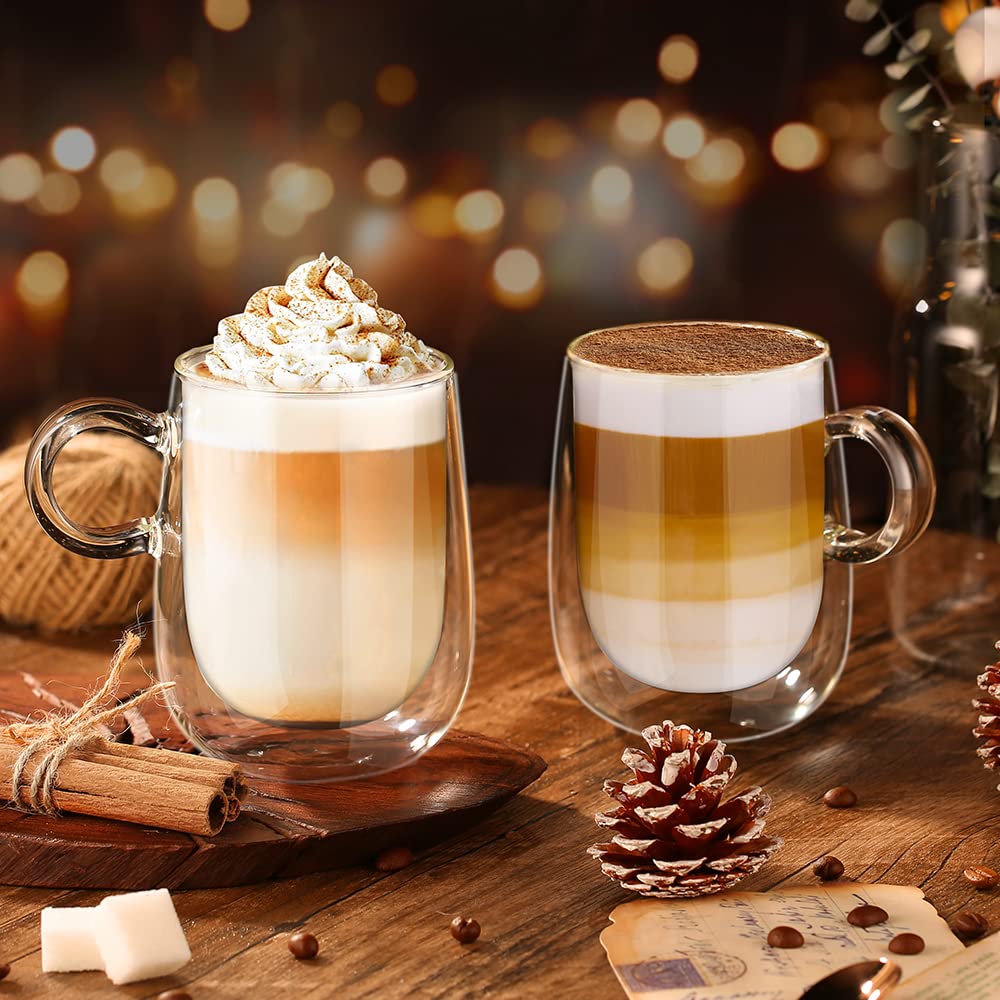 glastal Double Walled Glass Coffee Mug Set of 2, 12 oz Insulated Clear Borosilicate Cappuccino Cups, Model 23GWYY3602