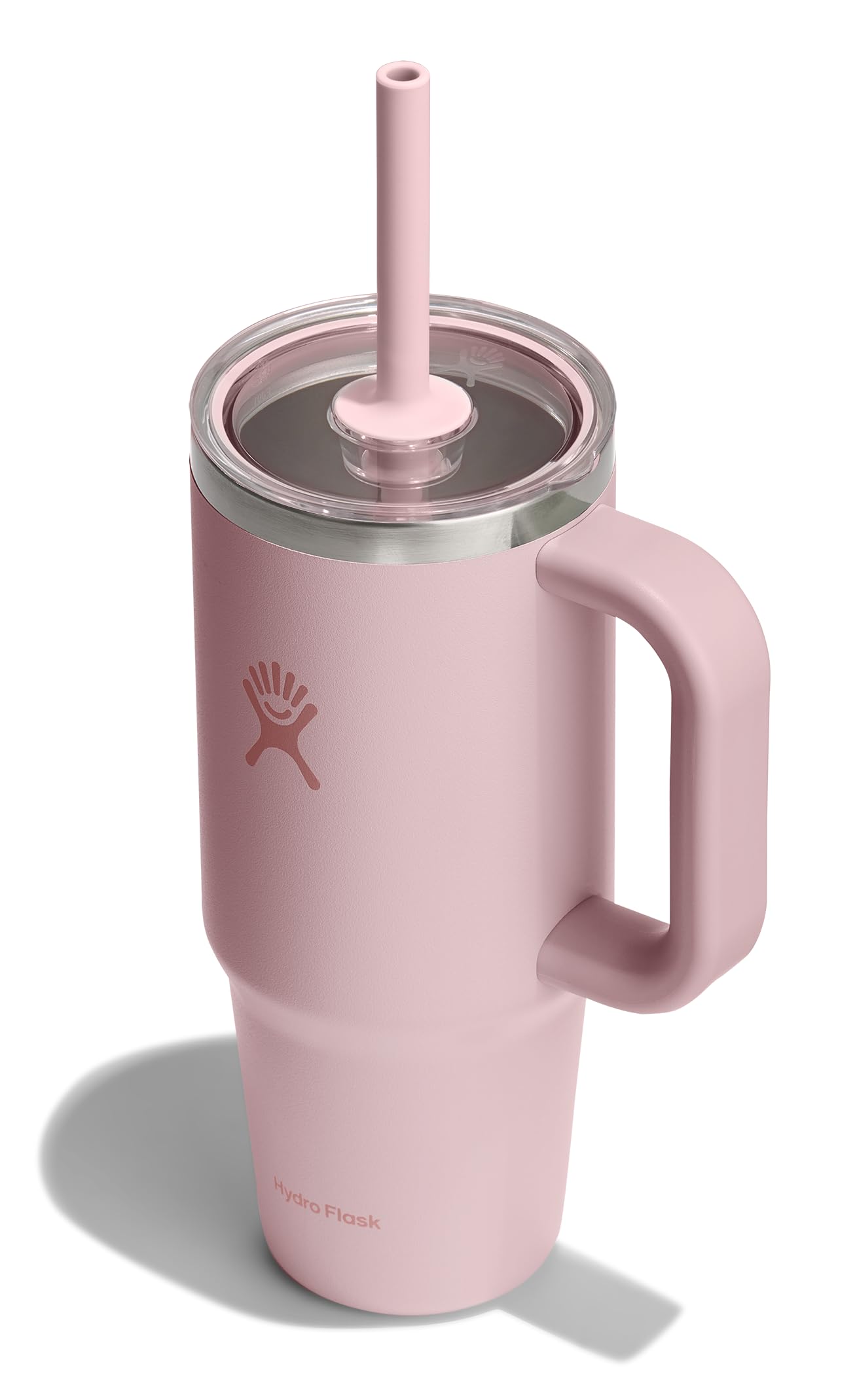 Hydro Flask 24 Oz Travel Tumbler with Handle, Clear Lid and Straw - Insulated Stainless Steel in 24 Oz Trillium Pink