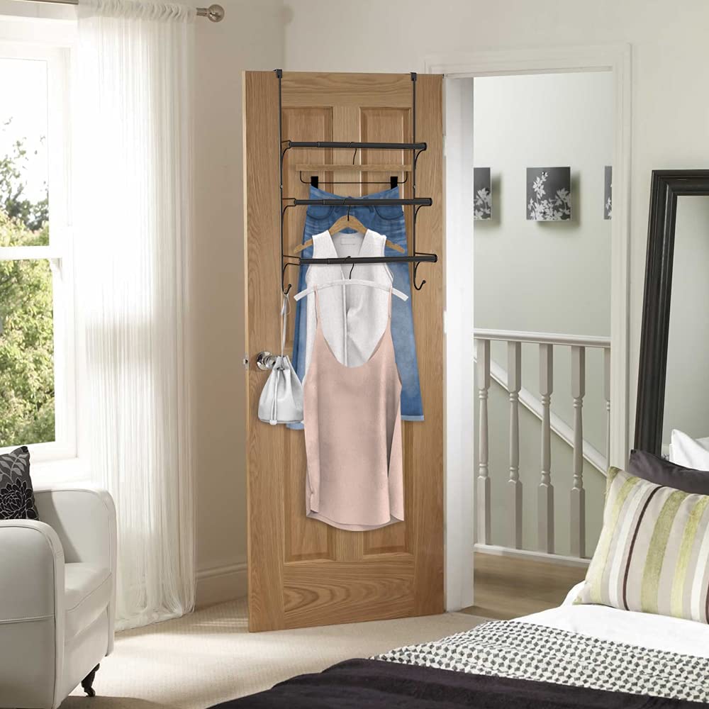 Auledio Adjustable Over The Door Triple Towel Rack With Hooks,Black