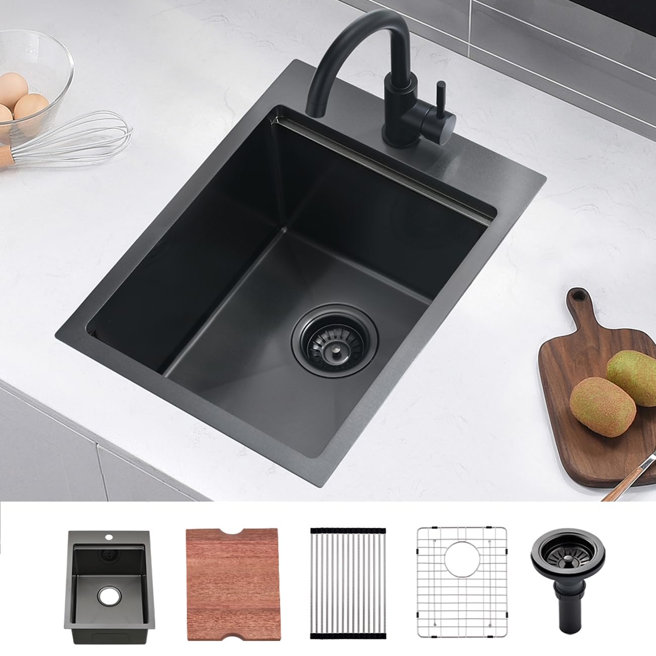 15 Inch Black Drop In Bar Sink, 15x20 Black Drop In Bar Sinks, Gabhar 16Gauge 15x20 Inch Drop In Worksation Kitchen Bar Sinks