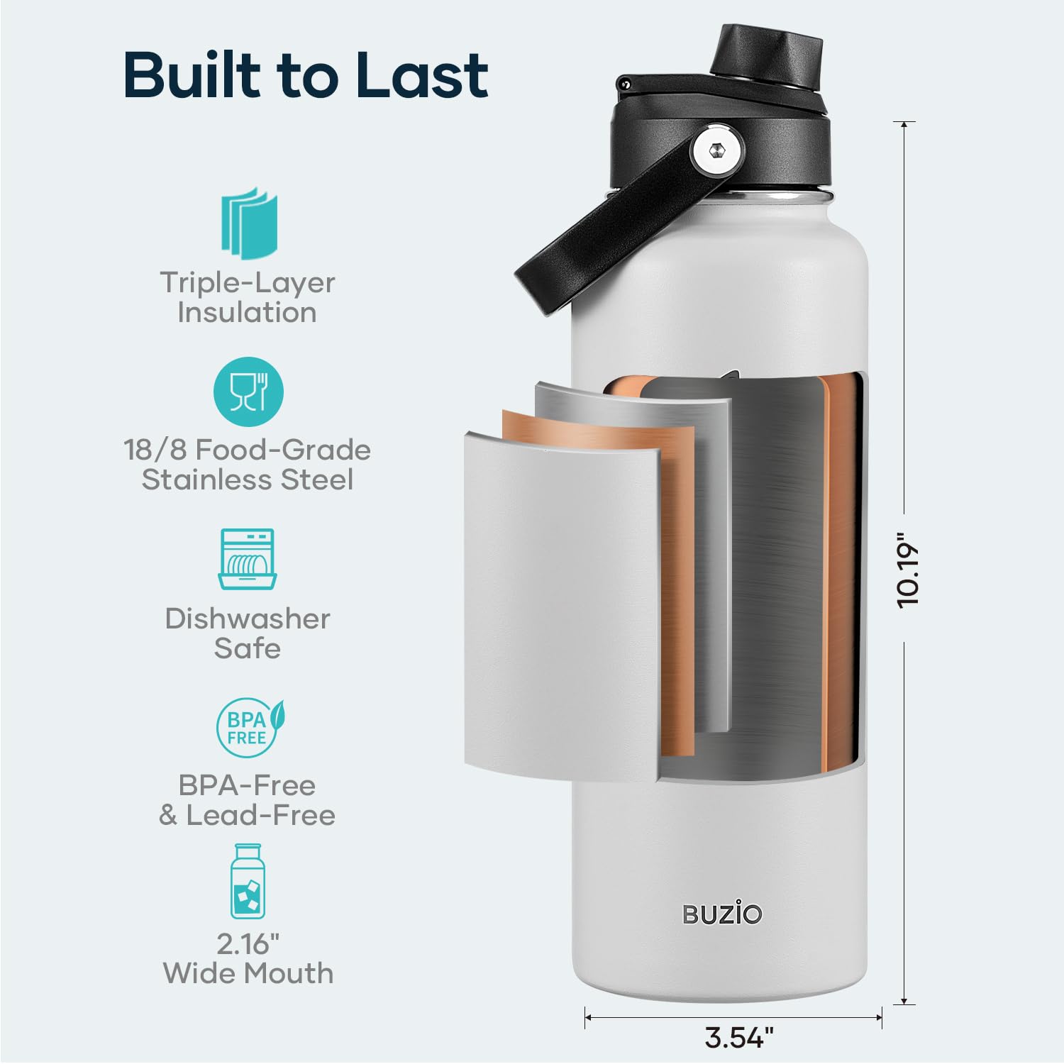 BUZIO 40 oz Water Bottle Insulated, Triple Wall Vacuum Stainless Steel Flask (Cold for 48 Hrs), Leakproof BPA-Free Wide Mouth Me