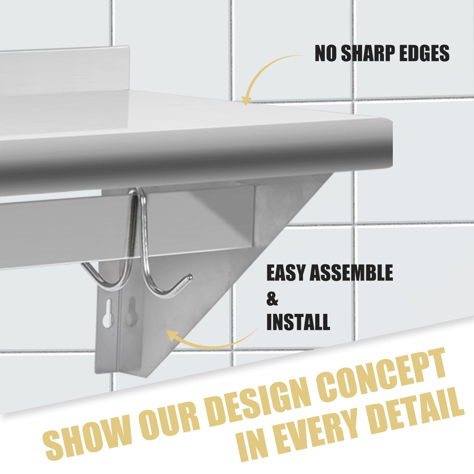 Hally Stainless Steel Shelf With 6 Hooks 12'' X 48'' Wall Mounted Pot Rack, Nsf Commercial Floating Shelving For Storage Hanging