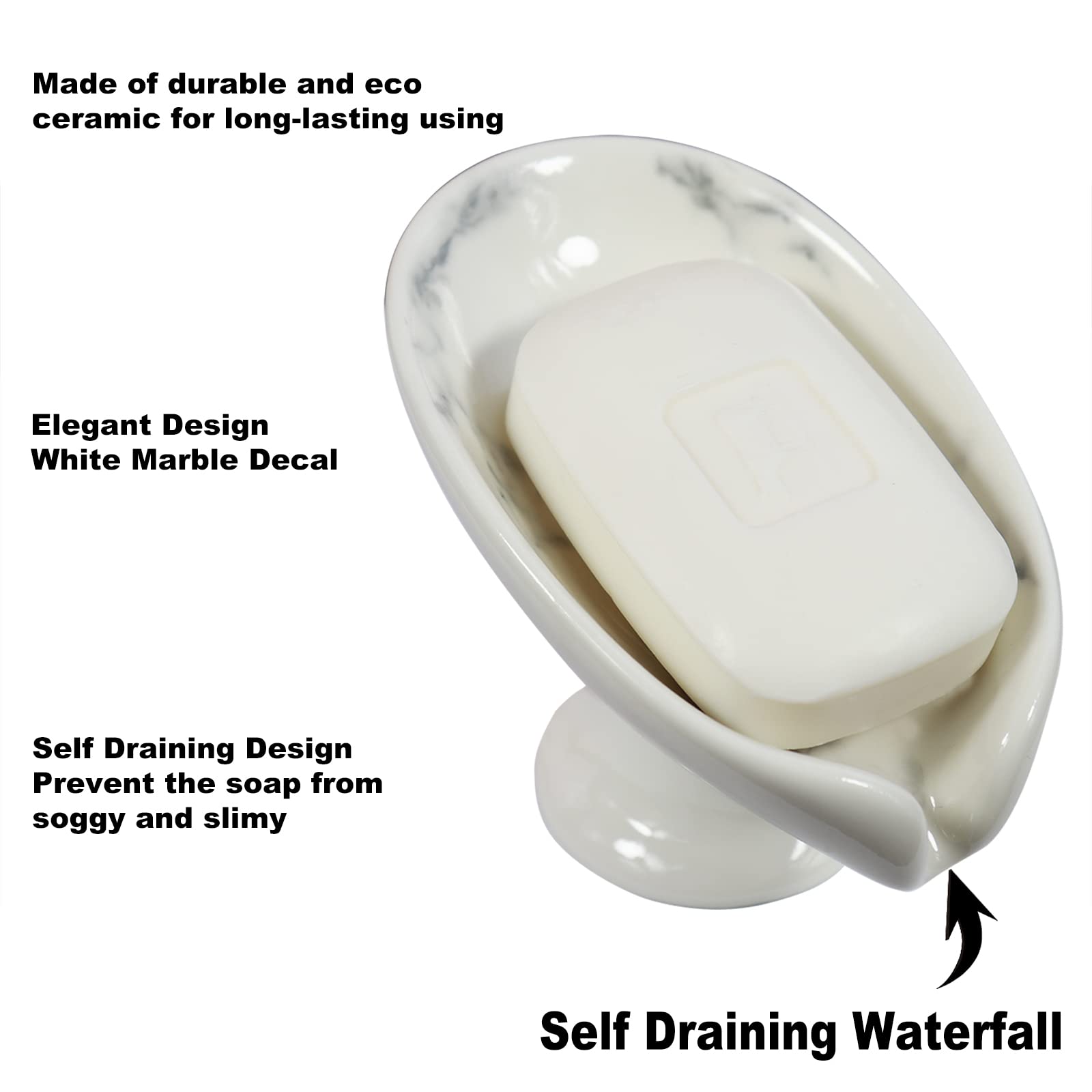 Polyroyal Self-Draining Soap Dish White Marble Ceramic Soap Holder Stand Style Waterfall Soap Dish Soap Savers for Bar Soap  for Bathroom  for Shower  for Bar Counter