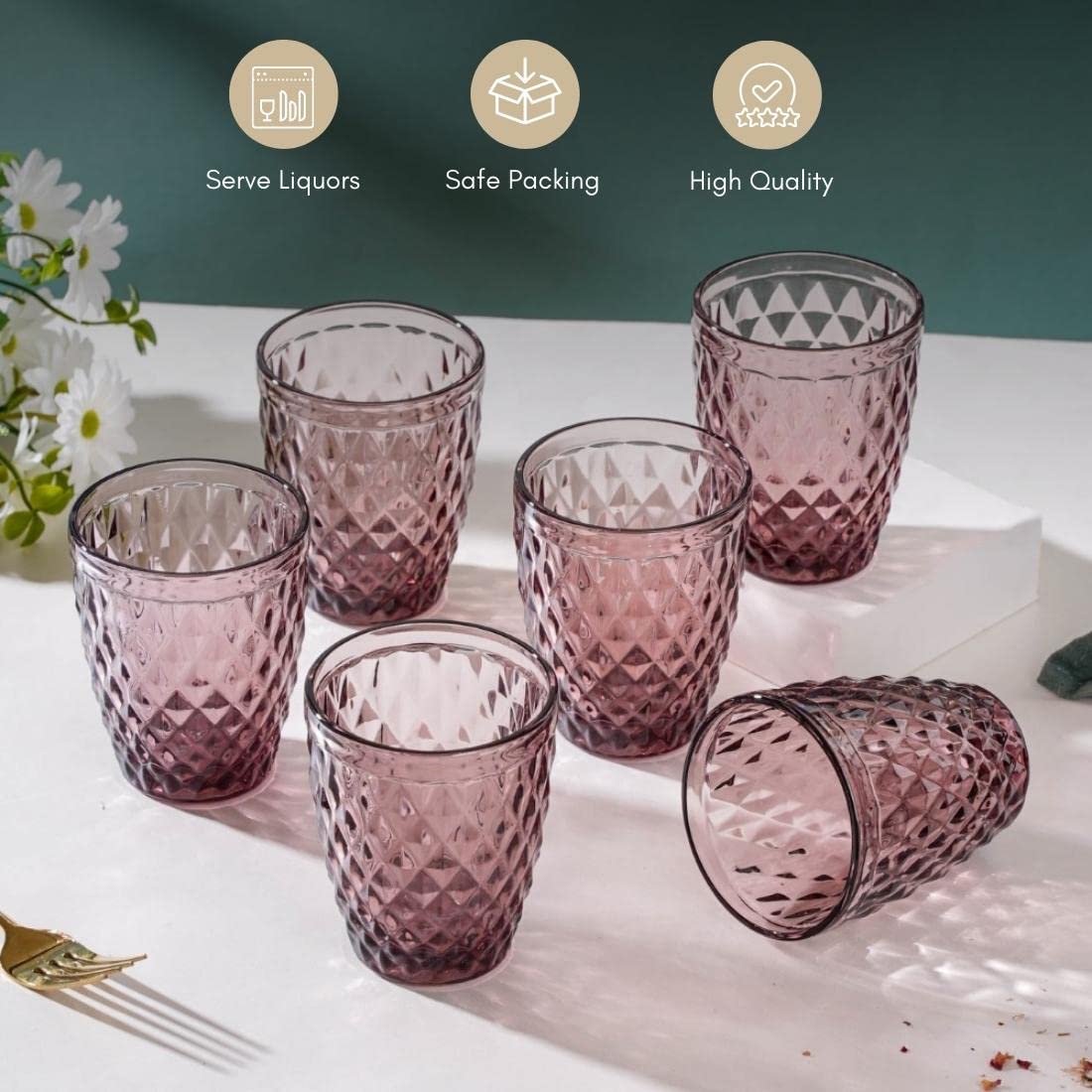 Nestasia Mauve Set of 6 Crystal Water Glasses |Juice Glasses | Drinking Glasses | Glass Tumblers (Set of 6, 250ml)