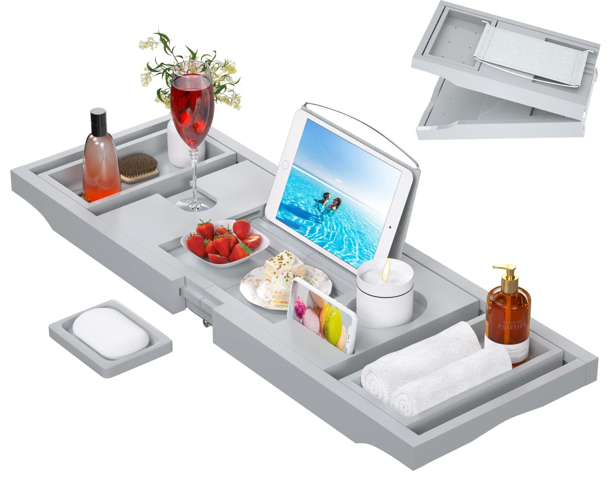 Artmalle Bathtub Tray Bath Caddy For Tub - Bamboo Adjustale Organizer Tray Bath Table For Bathroom, Foldable Luxury Tub Tray Wit