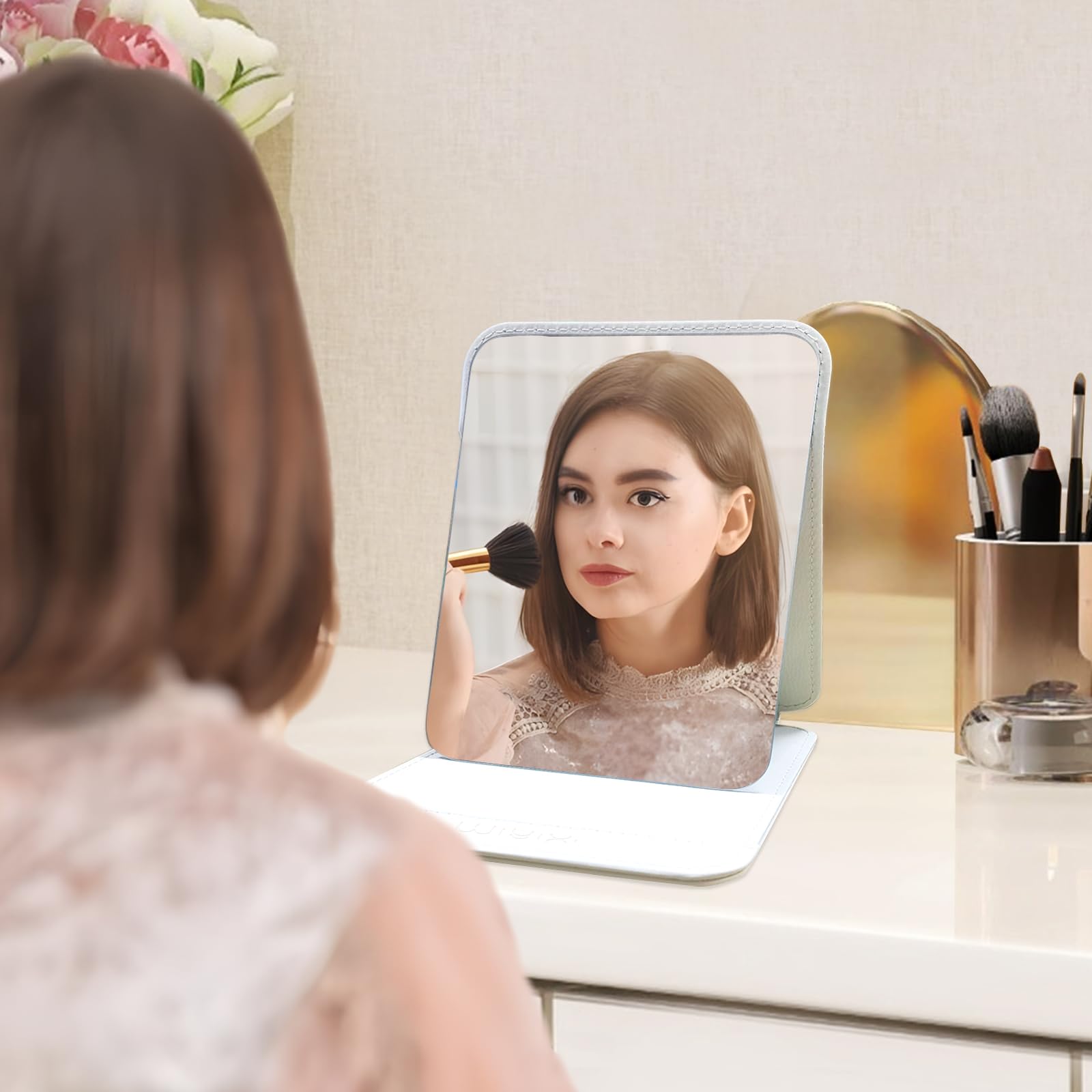 Syhitou Foldable Travel Makeup Mirror, Adjustable Angle Portable Standing Vanity Mirror, Compact Pu Leather Design For Home/Camp