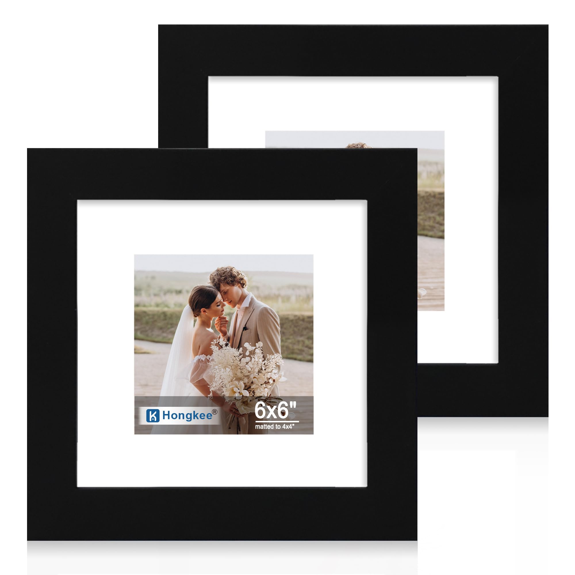 Hongkee 6x6 Picture Frame Set of 2, Made of Real Glass and Black Wooden Frame - Display Square 4x4 with Mat or 6x6 Without Mat, 