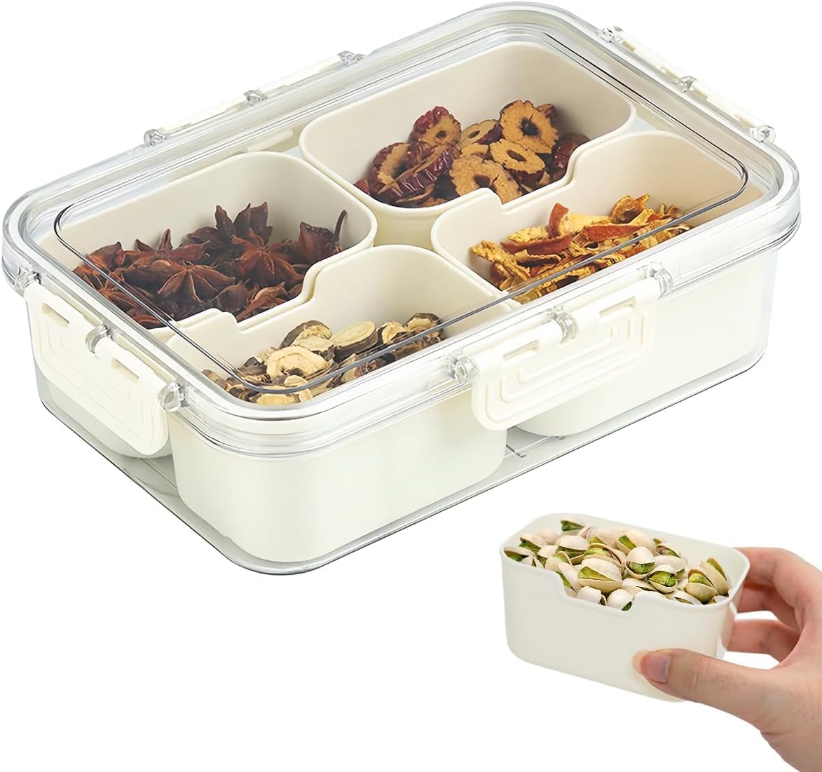 Zolentra 4 Compartment Spice Storage Box For Kitchen, Airtight Masala Container With Transparent Lid, White Seasoning Organizer 