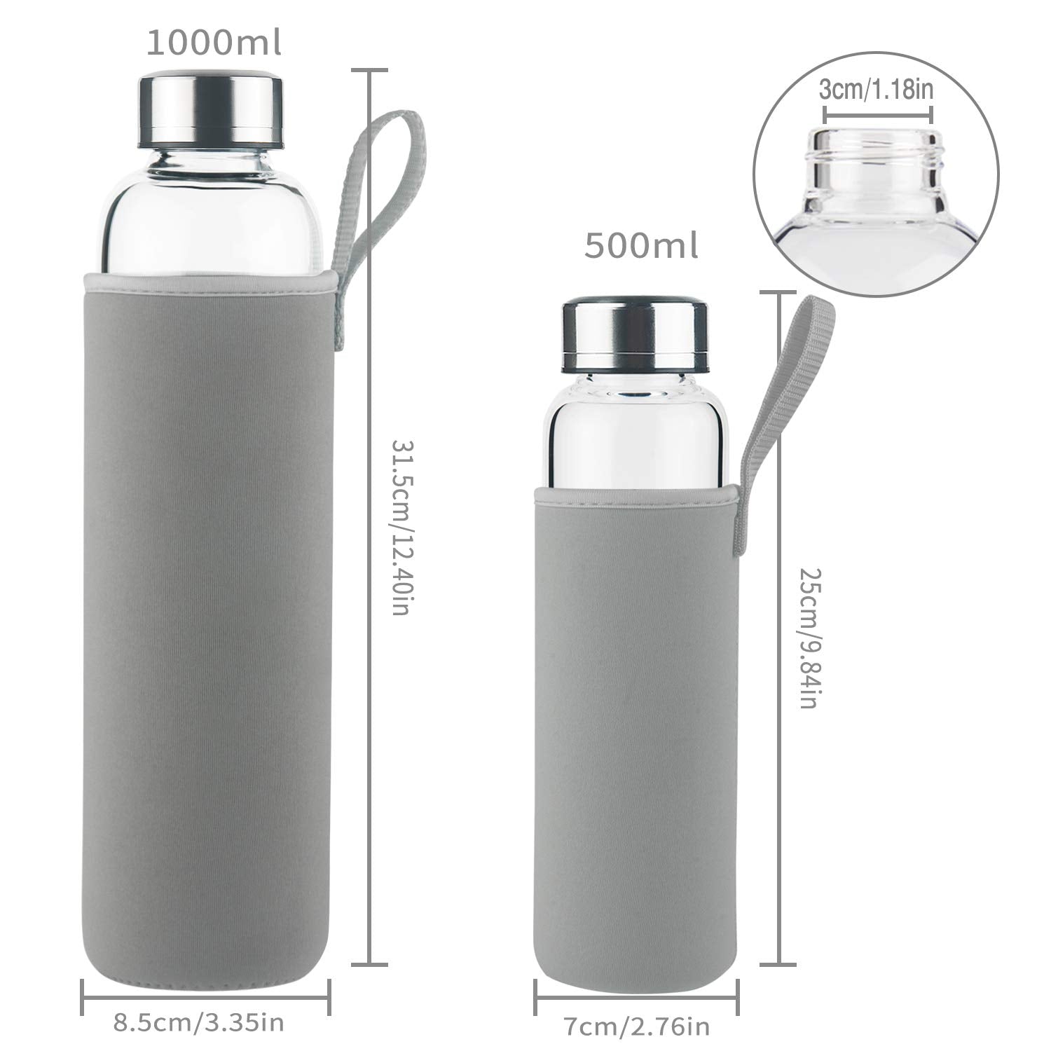 Reeho Borosilicate Glass Water Bottle, Sports Glass Drinking Bottle With Neoprene Sleeve And Stainless Steel Lid 16Oz / 32Oz