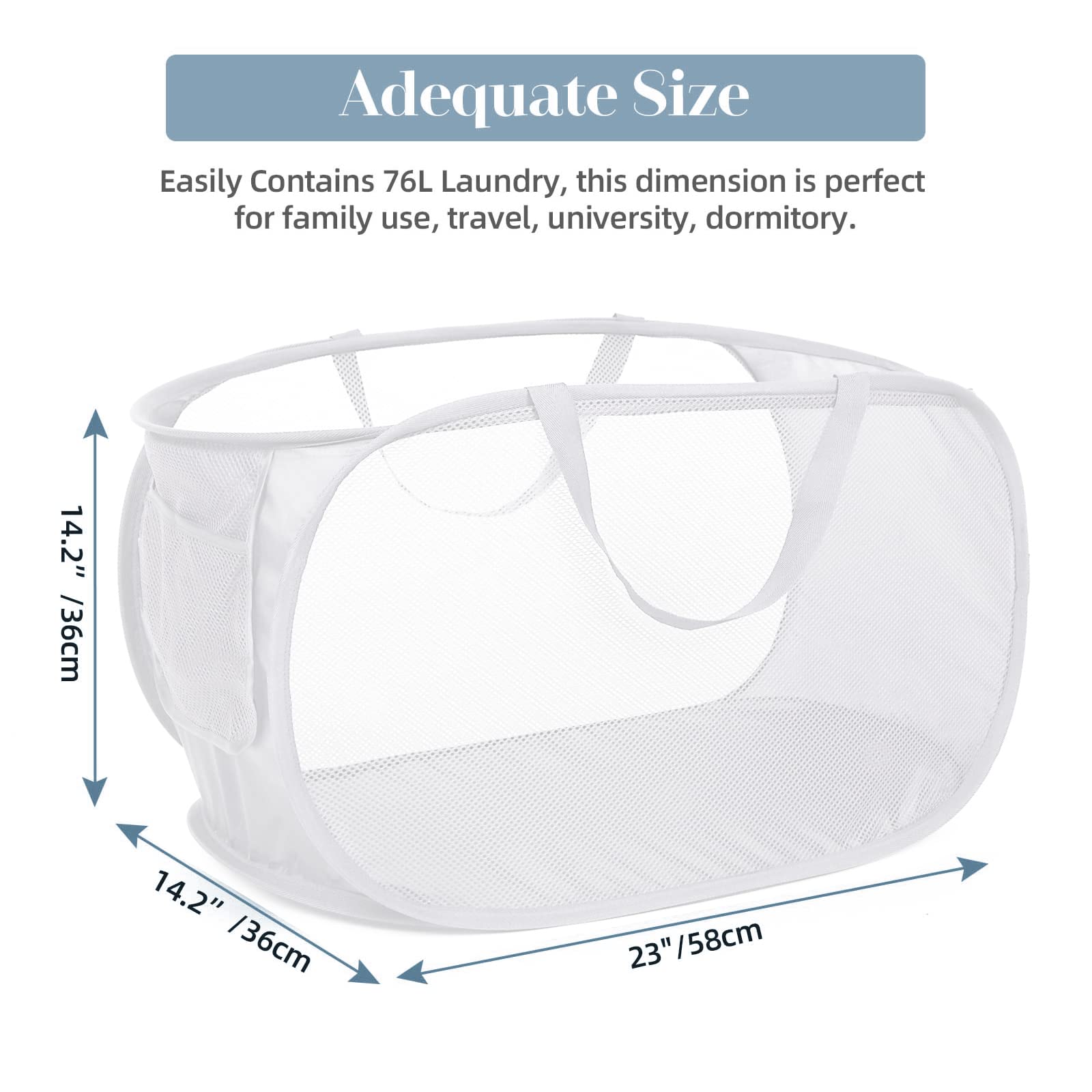 Strong Mesh Pop Up Laundry Basket, Collapsible Laundry Hamper With Side Pocket, Foldable Clothes Pop Up Hamper With Durable Rein