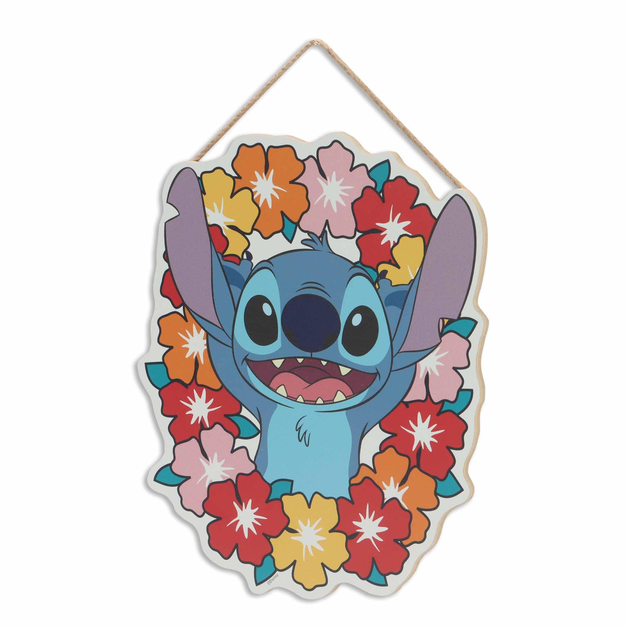 Disney Lilo and Stitch Floral Lei Hanging Wood Wall Decor - Cute Stitch Sign for Home or Beach House