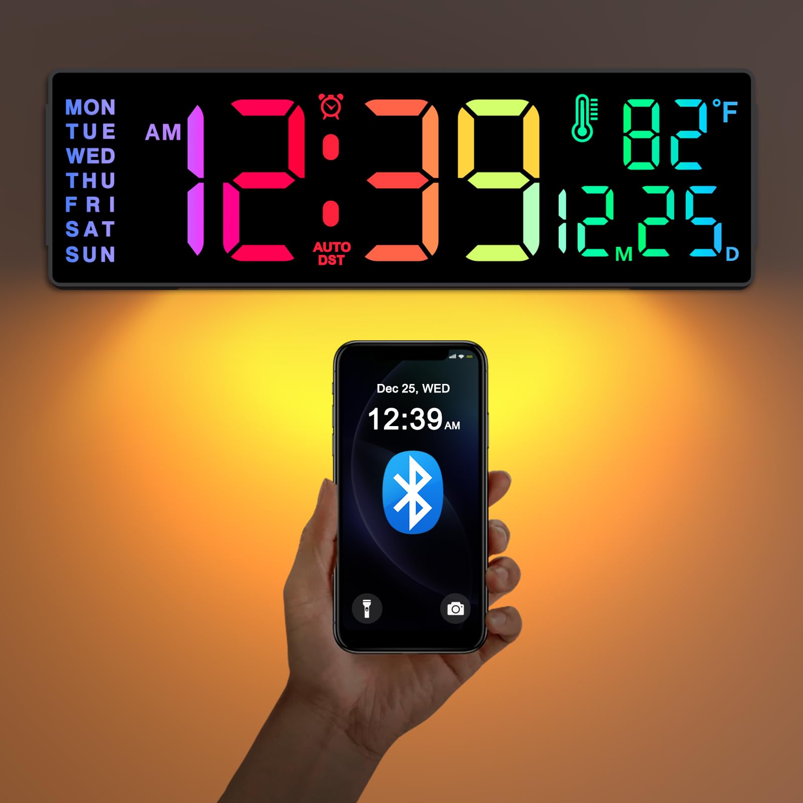 Soobest 14.2 Large Digital Wall Clock With Bluetooth Auto Sync Time Date Day, Led Big Display, 12 Colors, Count Down TimerTemper