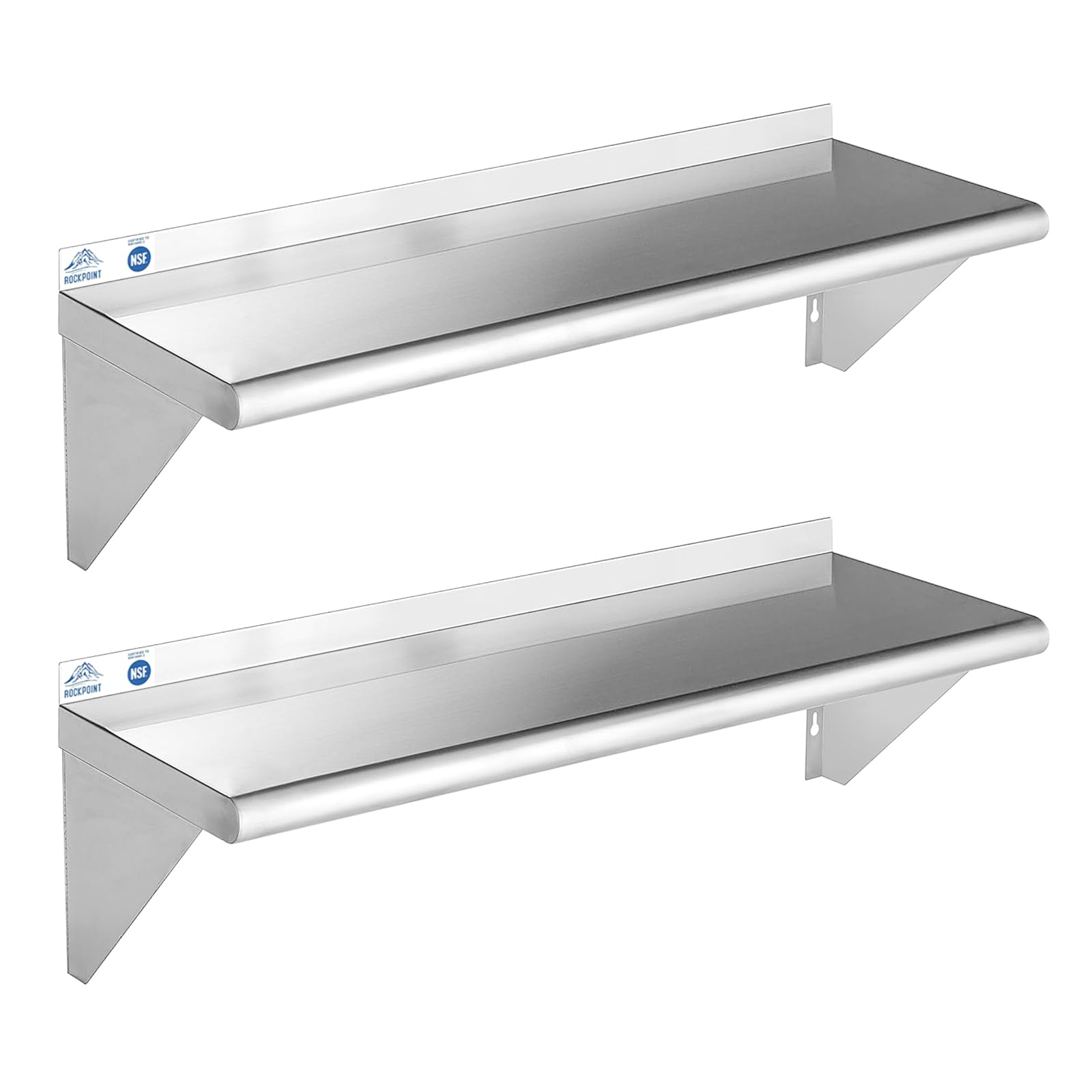 ROCKPOINT Stainless Steel Shelf 12 x 36 Inches 300lb, 2 Pack NSF Commercial Wall Mount Floating Shelving with Backsplash for Res