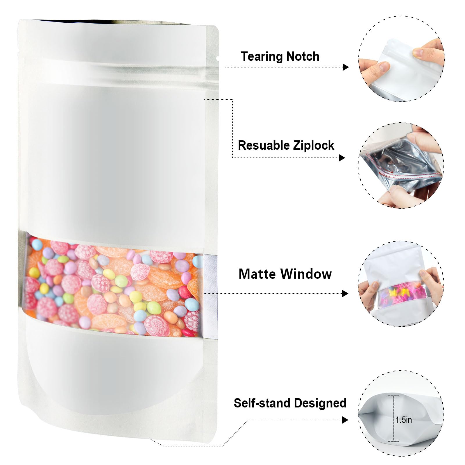 Oddier 5.5''X7.8'' 120Pcs Smell Proof Mylar Bags For Food Storage, Stand-Up Resealable Mylar Bags Food Storage Bags With Matte W