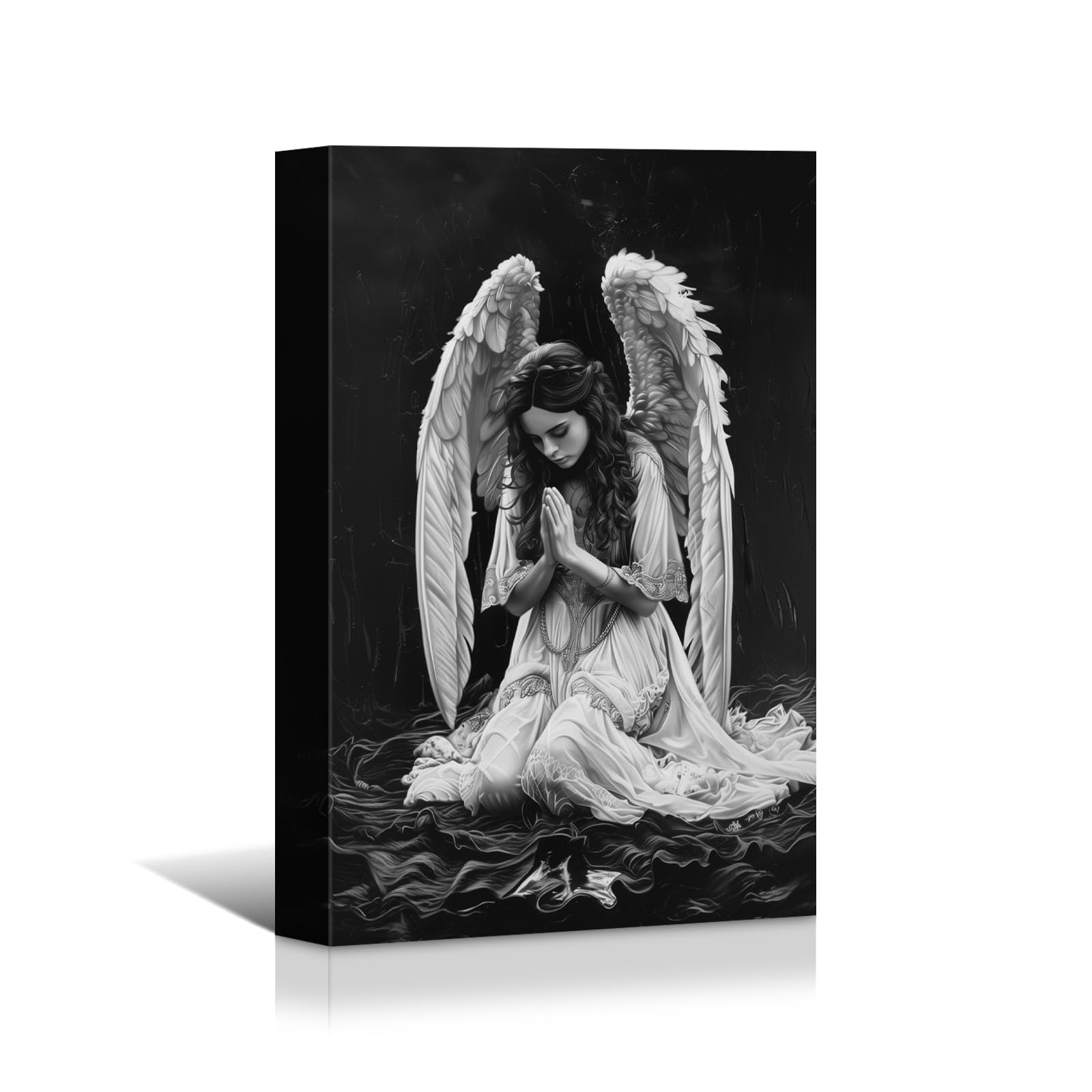 Yonica White Angel Painting Angel Wings Wall Art Modern Black And White Pictures Praying Woman Wall Art Dark Abstract Angel Pain