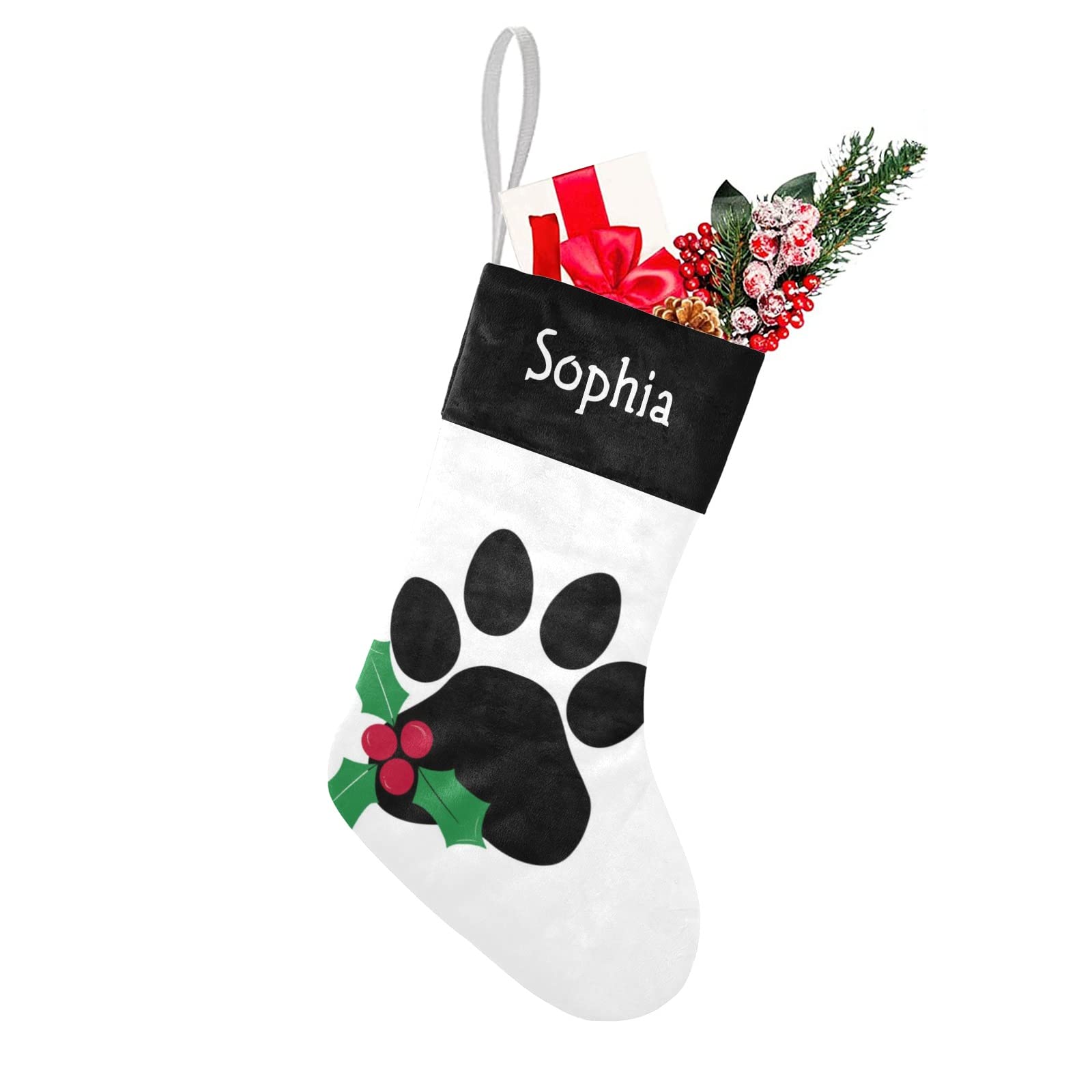 SunFancyCustom Personalized Name Christmas Paw Christmas Stockings Text Custom Xmas Holiday Pup Dog Gift Decor 17.52 x 7.87 Inch