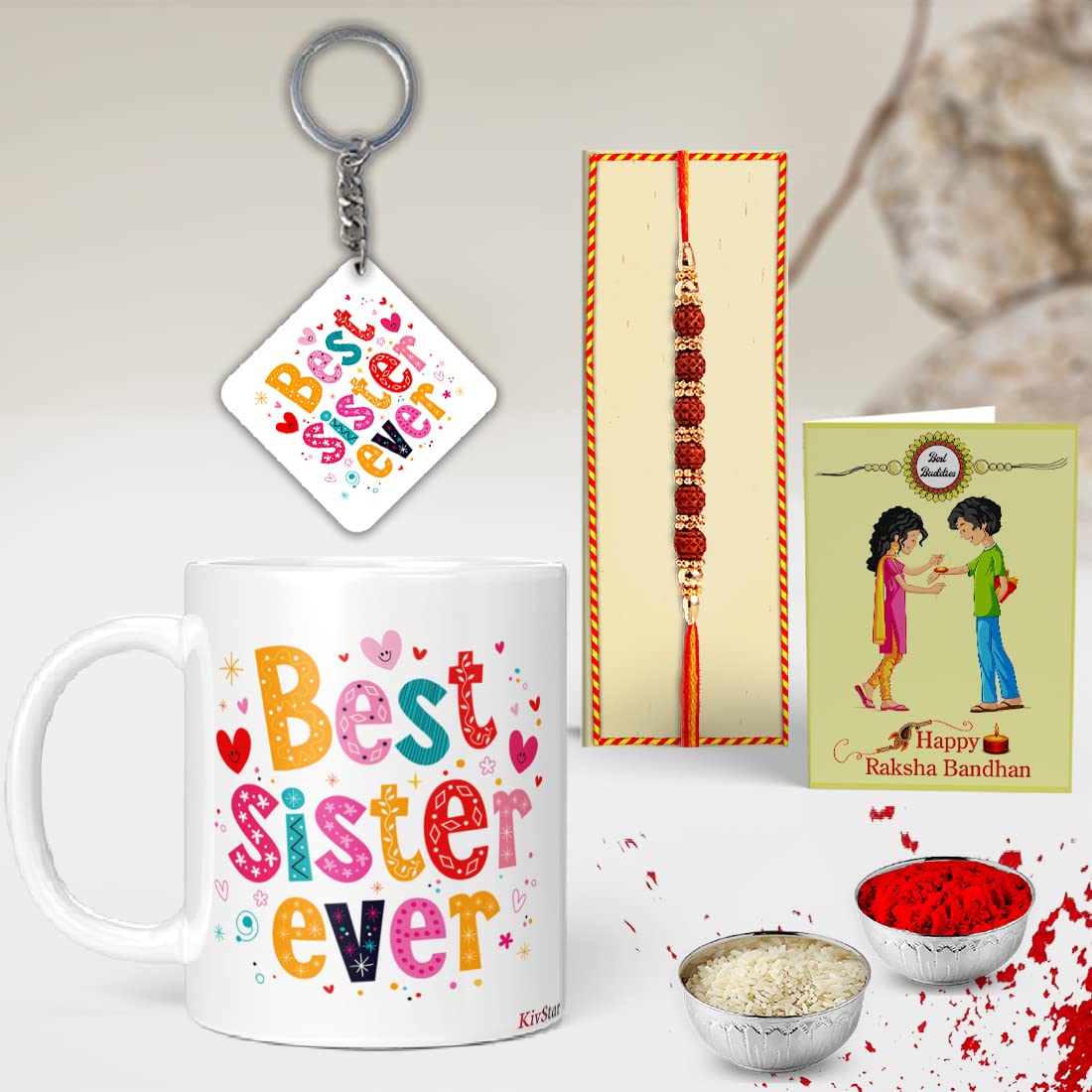 KivStar Best Sister Ever Wooden, Birthday Gifts, Rakshabandhan Gifts, (Printed Mug +Printed Keychain+Card+Roli chwal+Rakhi) (for