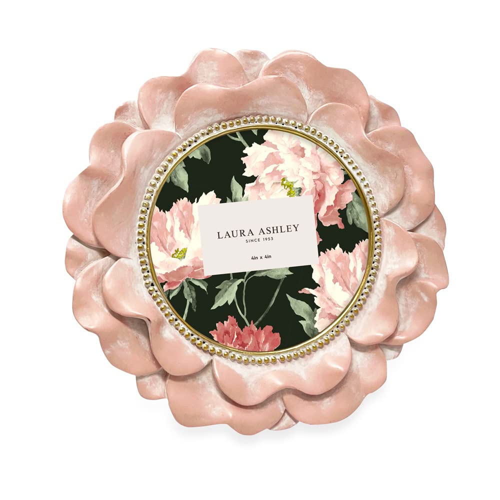 Laura Ashley 4x4 Pink with Gold Round Resin Ornate Flower Design Picture Frame with Beaded Border, for Tabletop and Wall Display