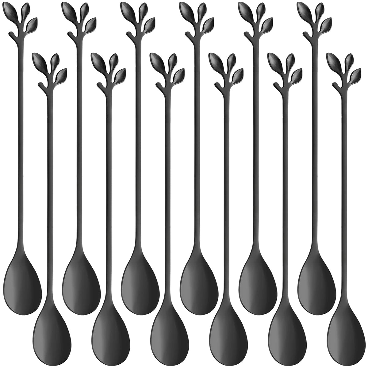 Ansaw Leaf Handle Long Teaspoons, 7.4 '' Black Coffee & Tea Stirring Spoons, Stainless Steel Coffee Stir Spoon Set Of 12