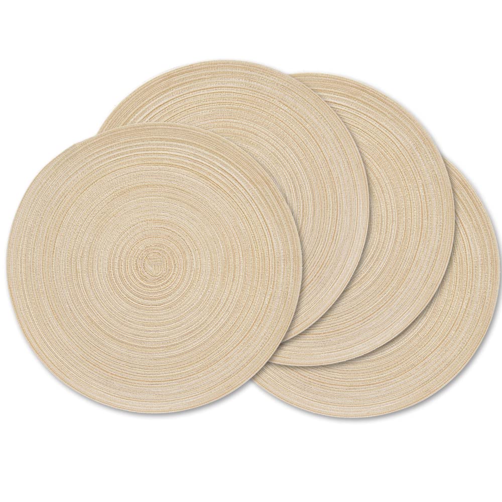 Homedge Round Placemat, Set Of 4 Braided Washable Table Mats 15 Inches-Beige