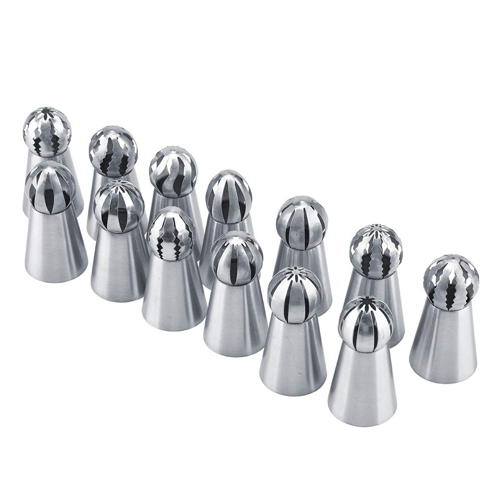 Fdit 13 Pcs Russian Piping Tips Stainless Steel Sphere Nozzle Set Cake Decorating Supplies DIY Decor Baking Tool