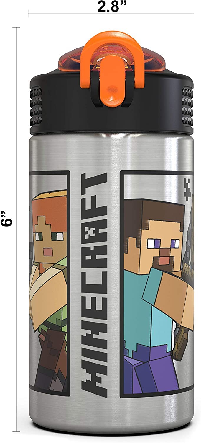 Zak Designs Minecraft - Stainless Steel Water Bottle With One Hand Operation Action Lid And Built-In Carrying Loop, With Straw S