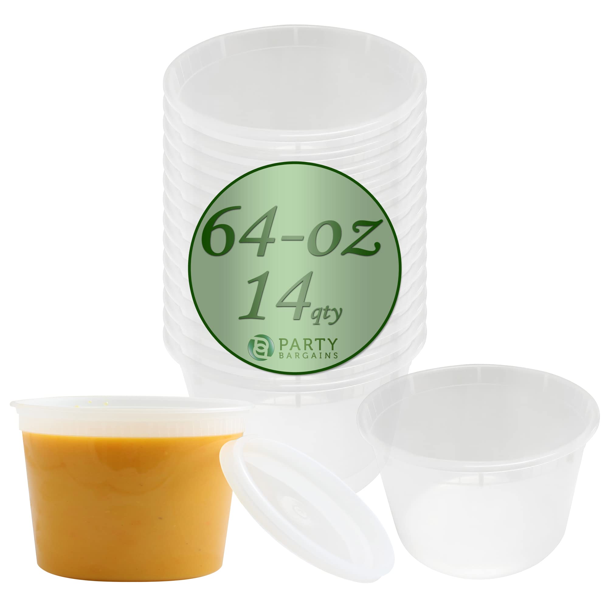 Party Bargains 64 Oz Deli Containers With Lids - [14 Count] Half Gallon Round Clear Food Storage Containers, Microwavable, Bpa-F